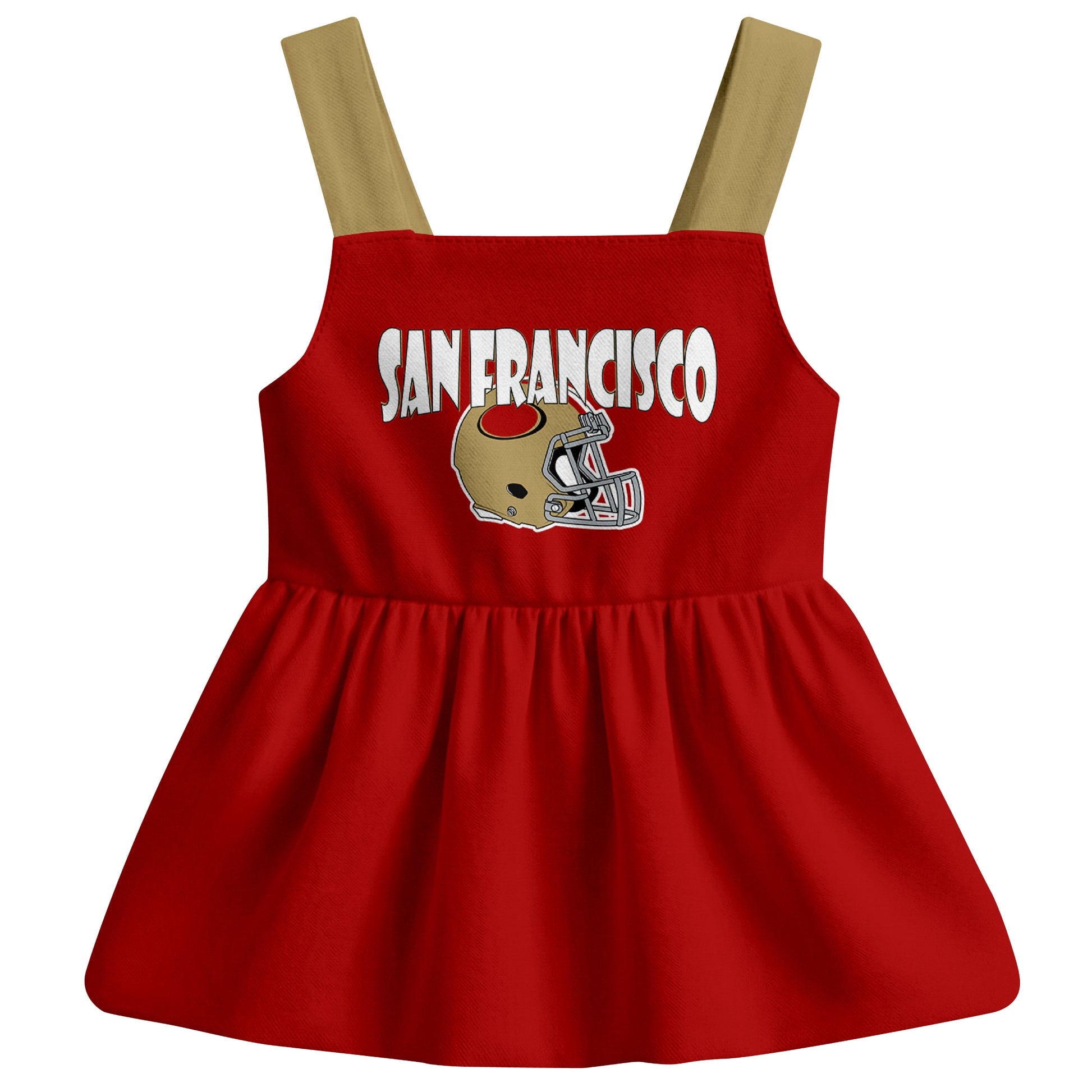 San Francisco football baby suspender dress front view with city-color football graphic