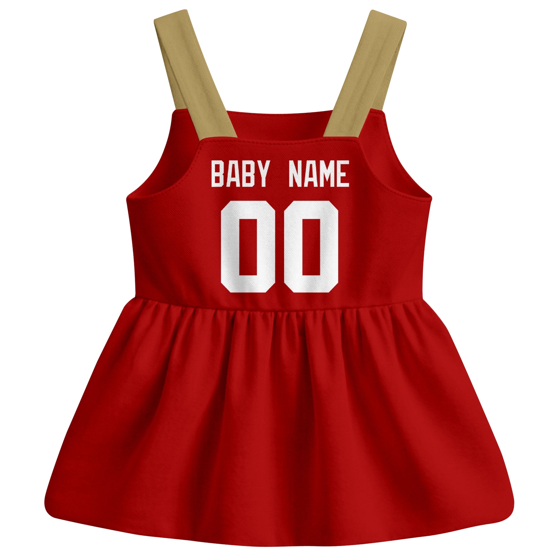 San Francisco football baby suspender dress back view with custom baby name and number