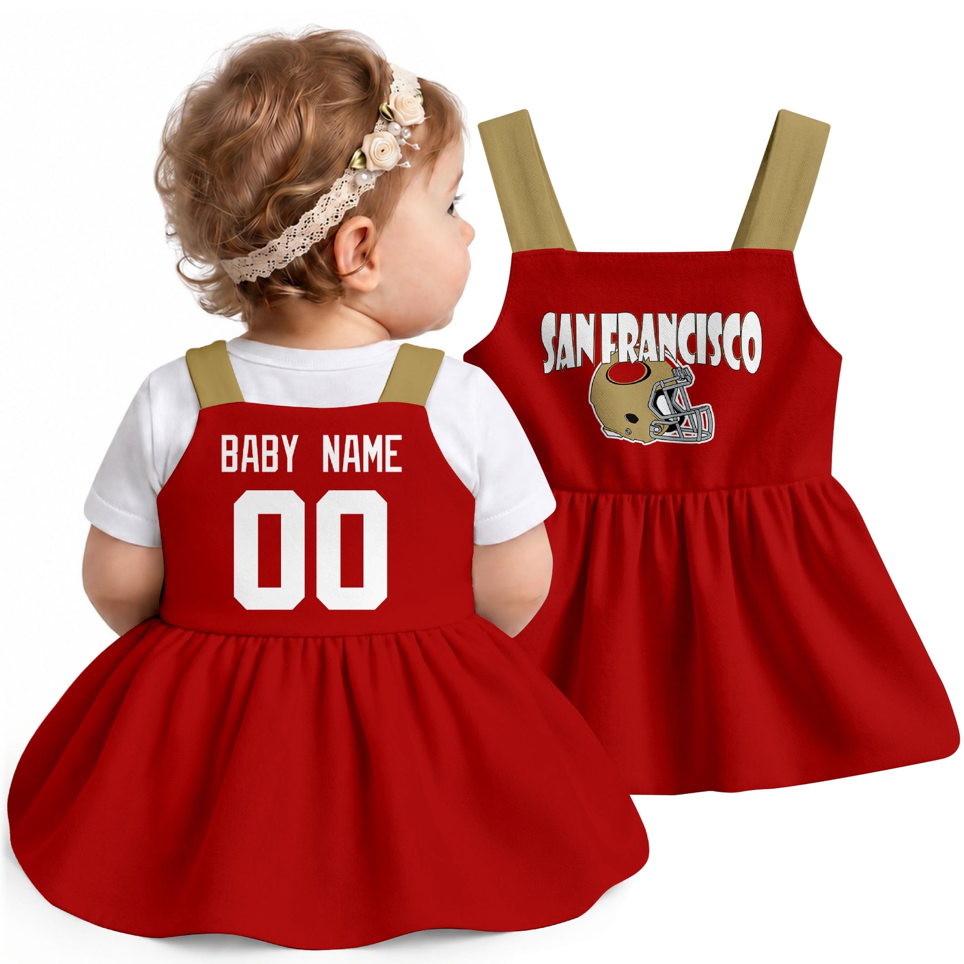 Personalized San Francisco football baby suspender dress shown on baby in Scarlet city-color style