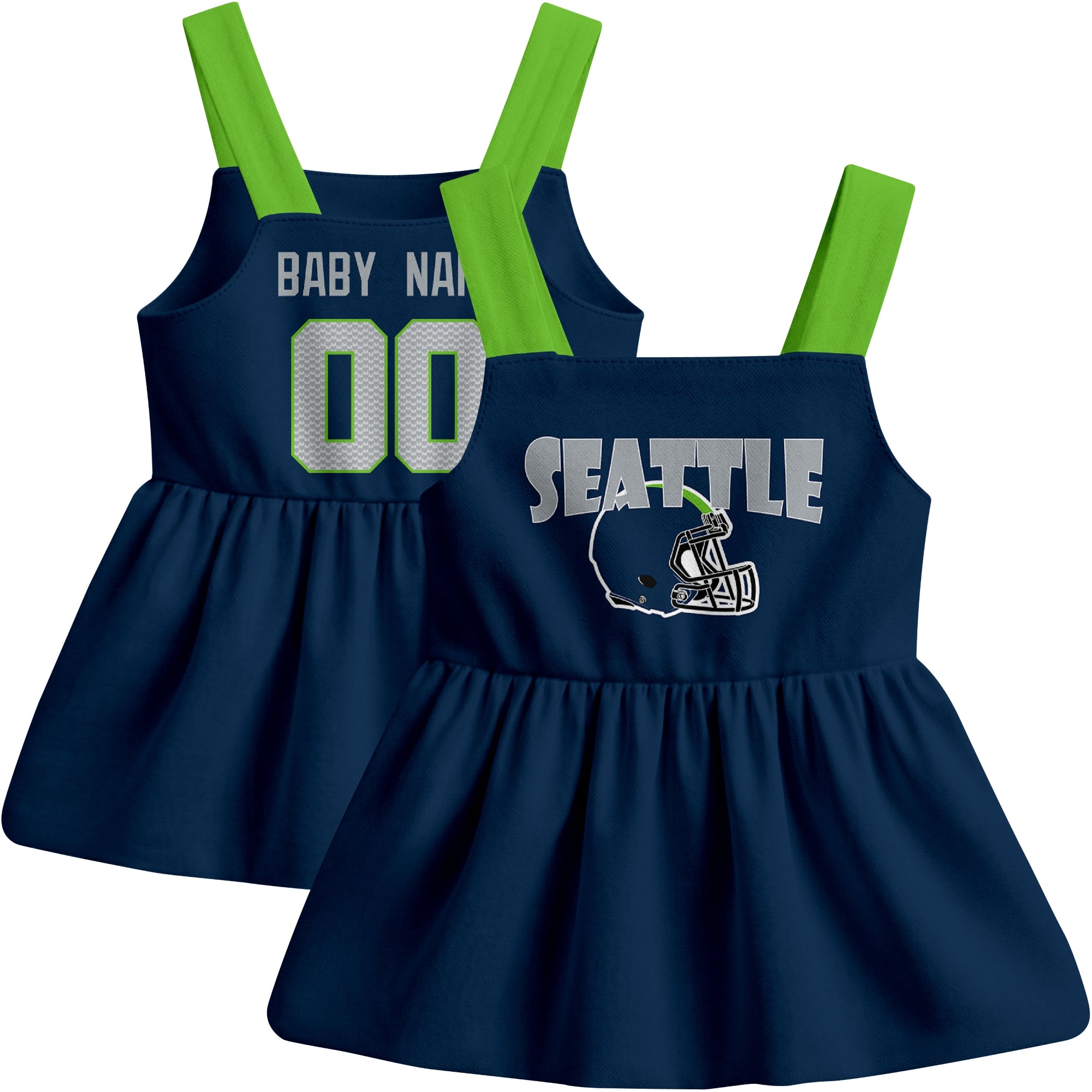 Seattle football baby suspender dress front and back view in Navy city-color style
