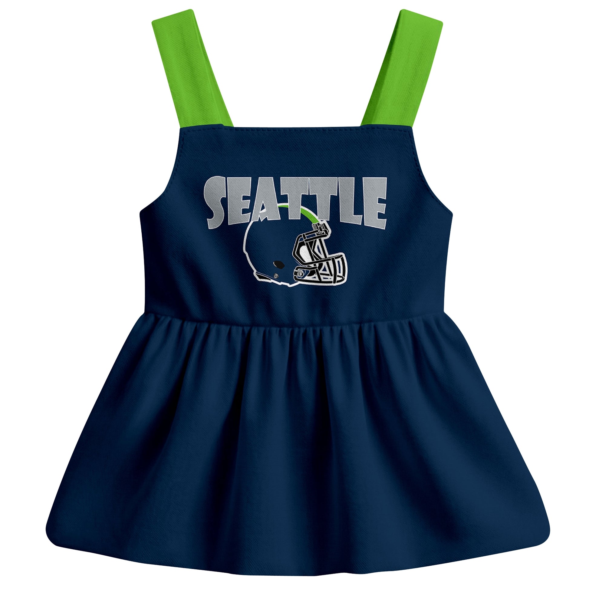 Seattle football baby suspender dress front view with city-color football graphic