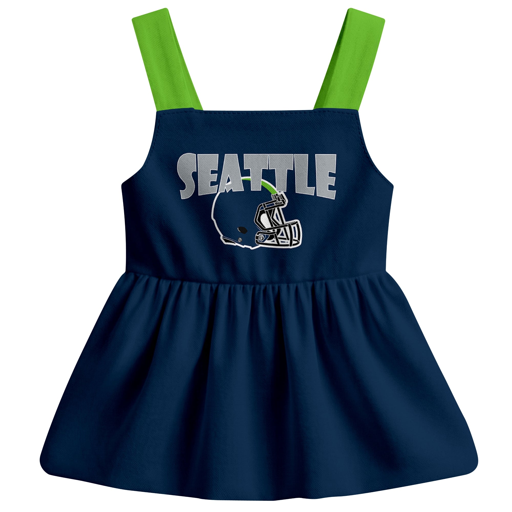 Seattle football baby suspender dress front view with city-color football graphic