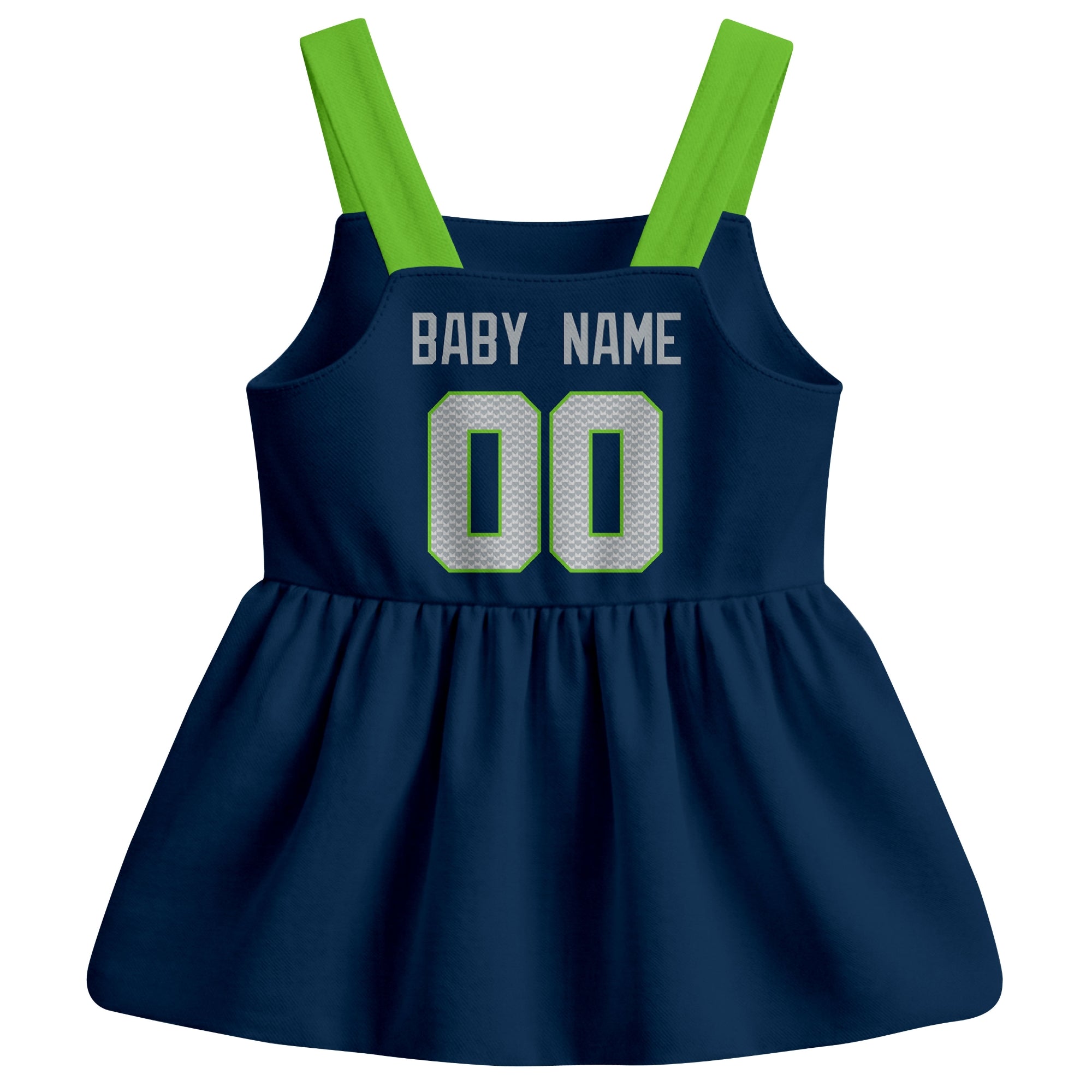 Seattle football baby suspender dress back view with custom baby name and number
