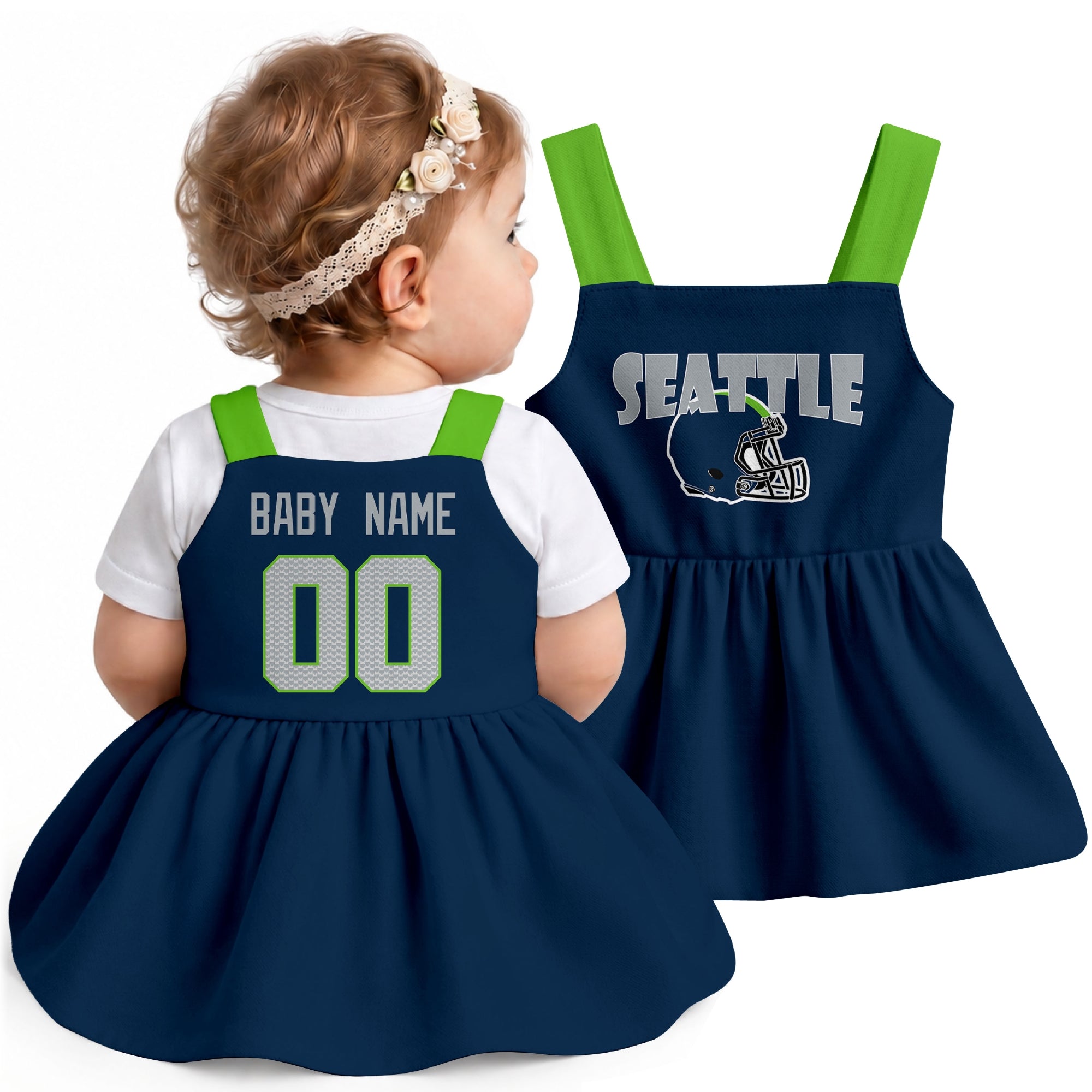 Personalized Seattle football baby suspender dress shown on baby in Navy city-color style
