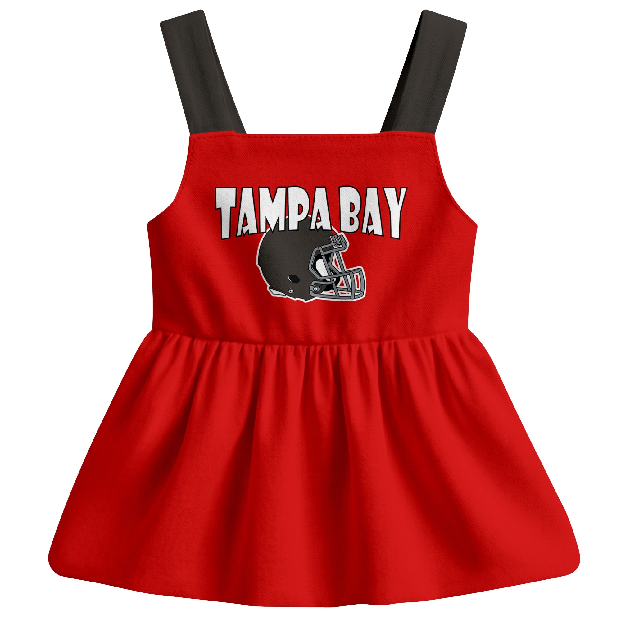 Tampa football baby suspender dress front view with city-color football graphic