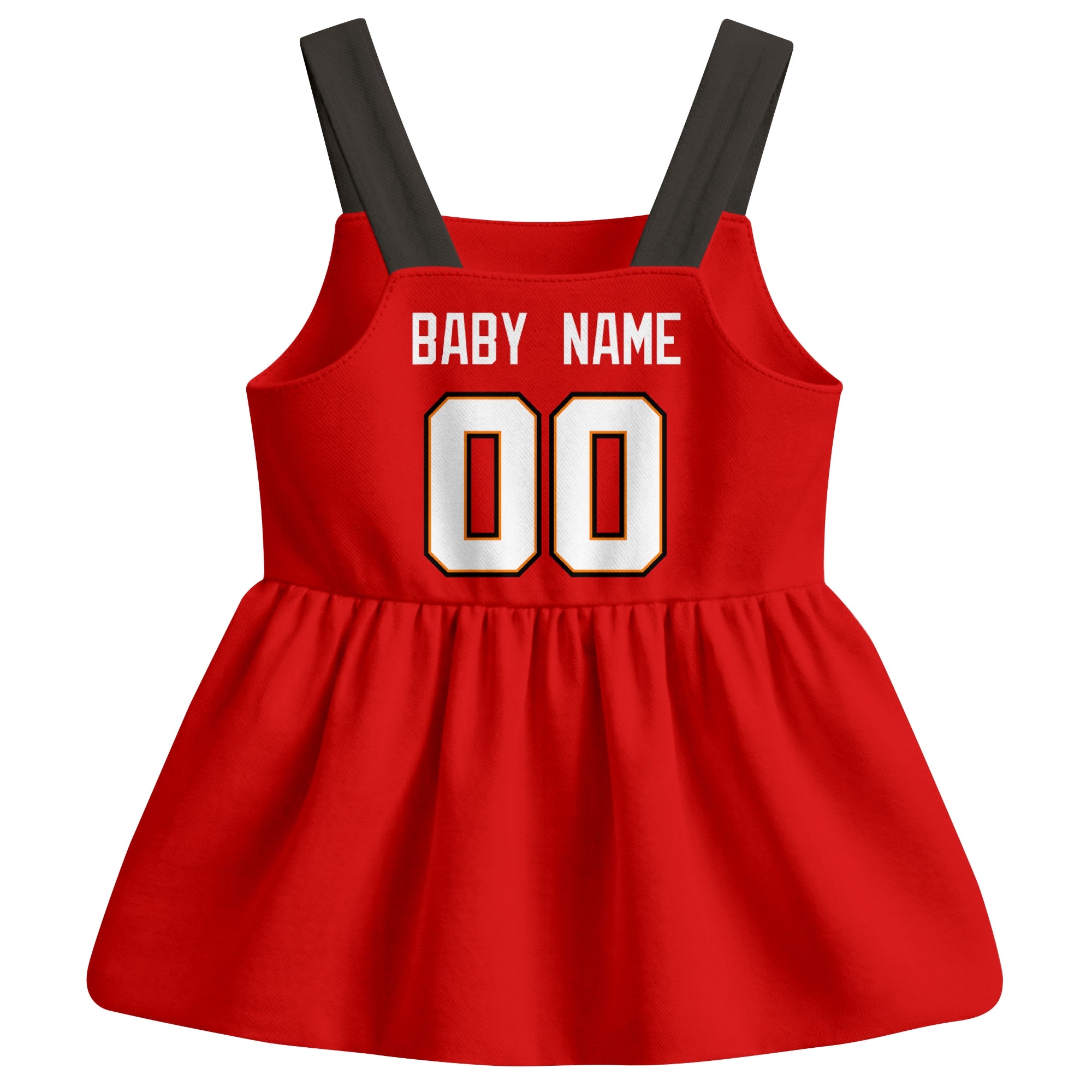 Tampa football baby suspender dress back view with custom baby name and number