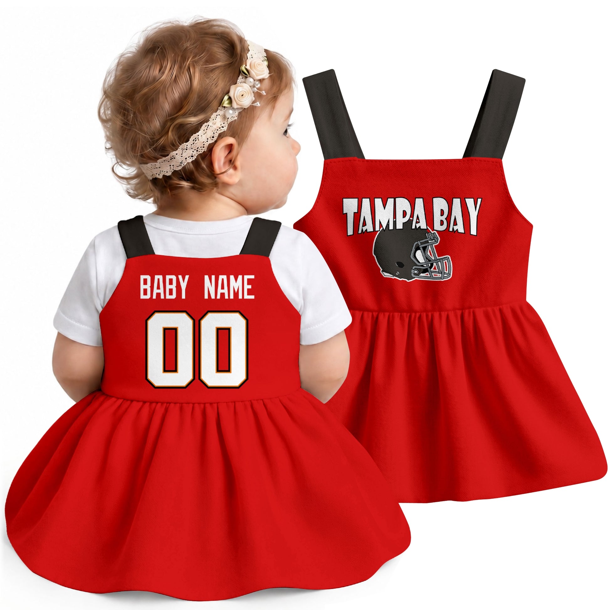 Personalized Tampa football baby suspender dress shown on baby in Red city-color style