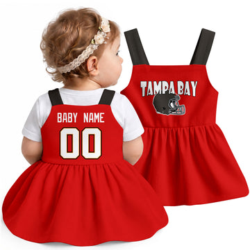 Personalized Tampa football baby suspender dress shown on baby in Red city-color style