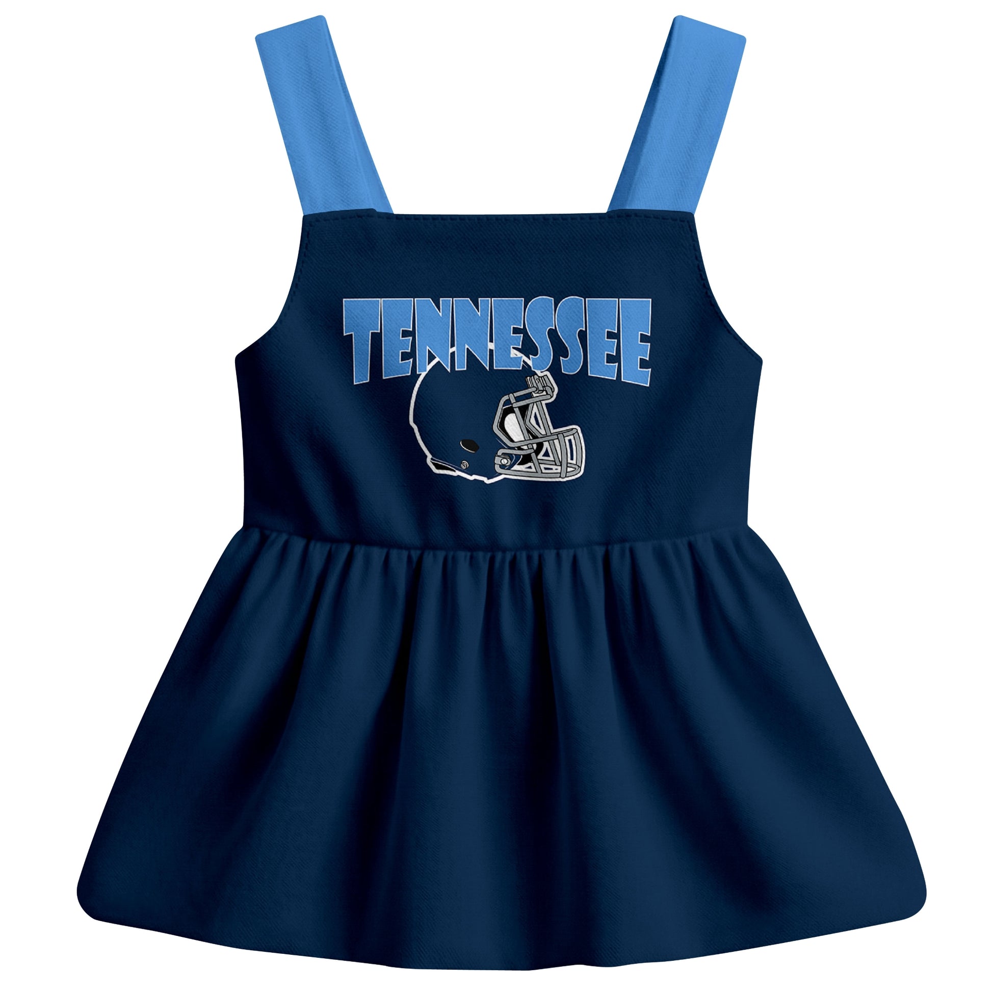 Tennessee football baby suspender dress front view with city-color football graphic