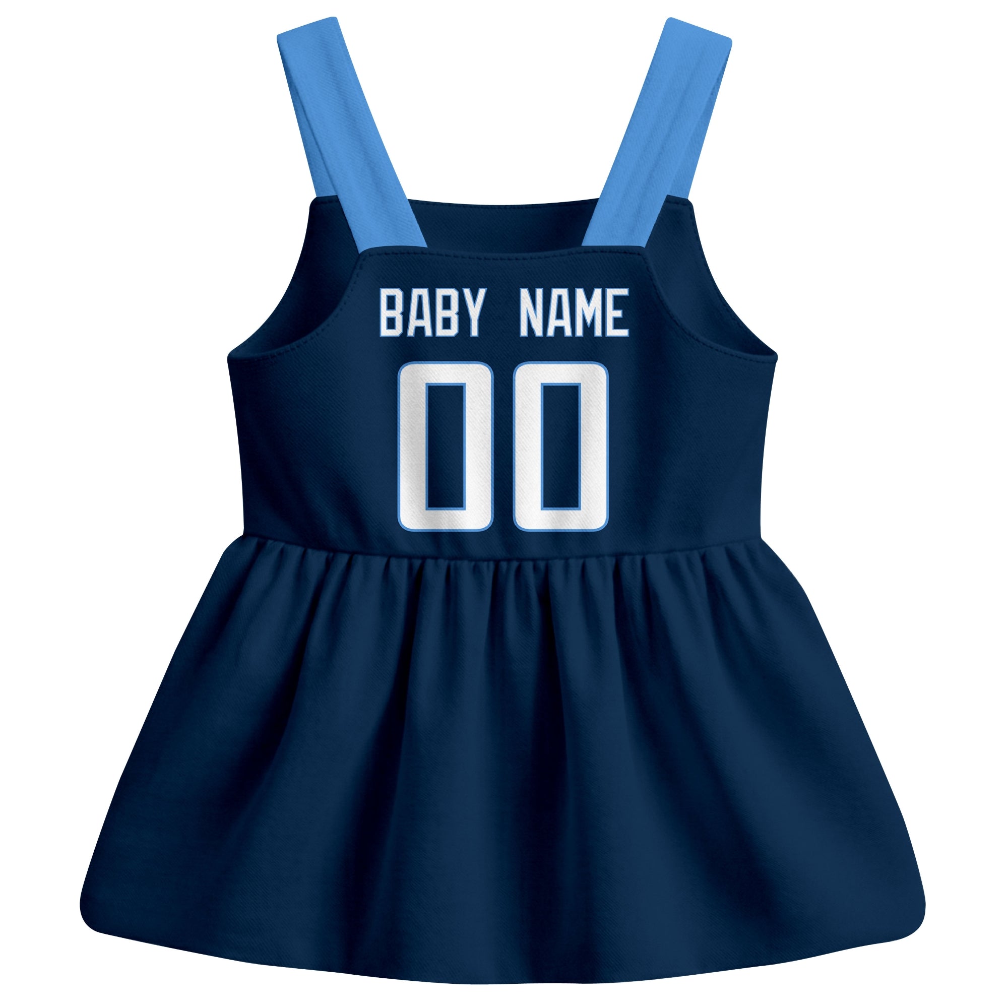 Tennessee football baby suspender dress back view with custom baby name and number