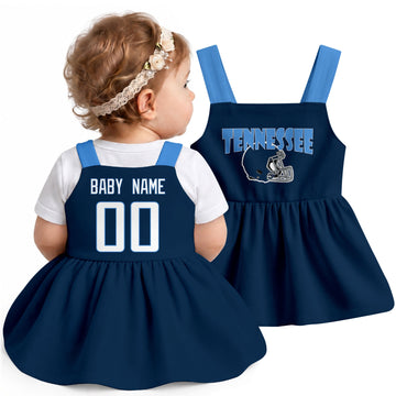 Personalized Tennessee football baby suspender dress shown on baby in Navy city-color style