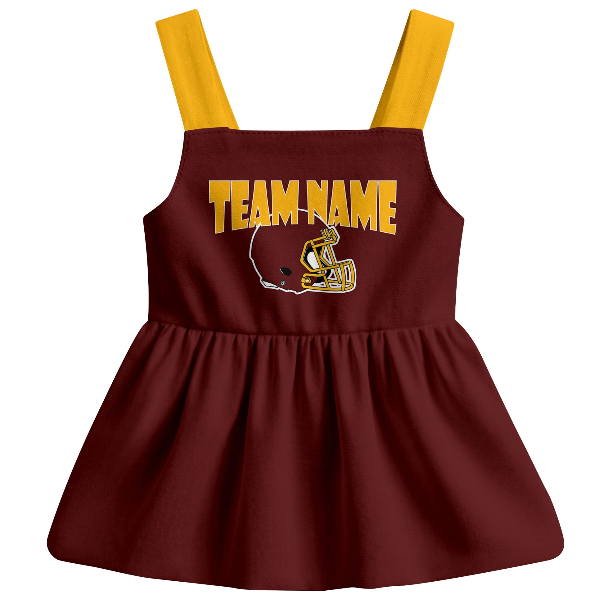 Washington football baby suspender dress front view with city-color football graphic