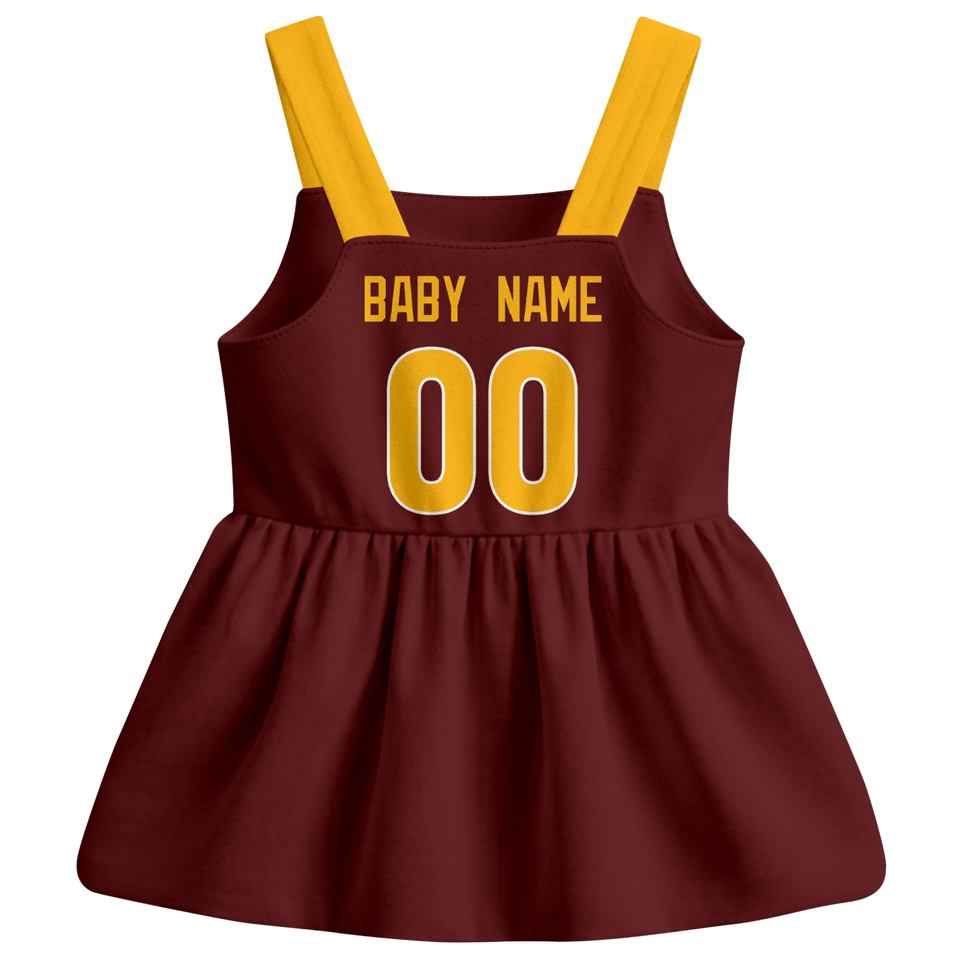 Washington football baby suspender dress back view with custom baby name and number