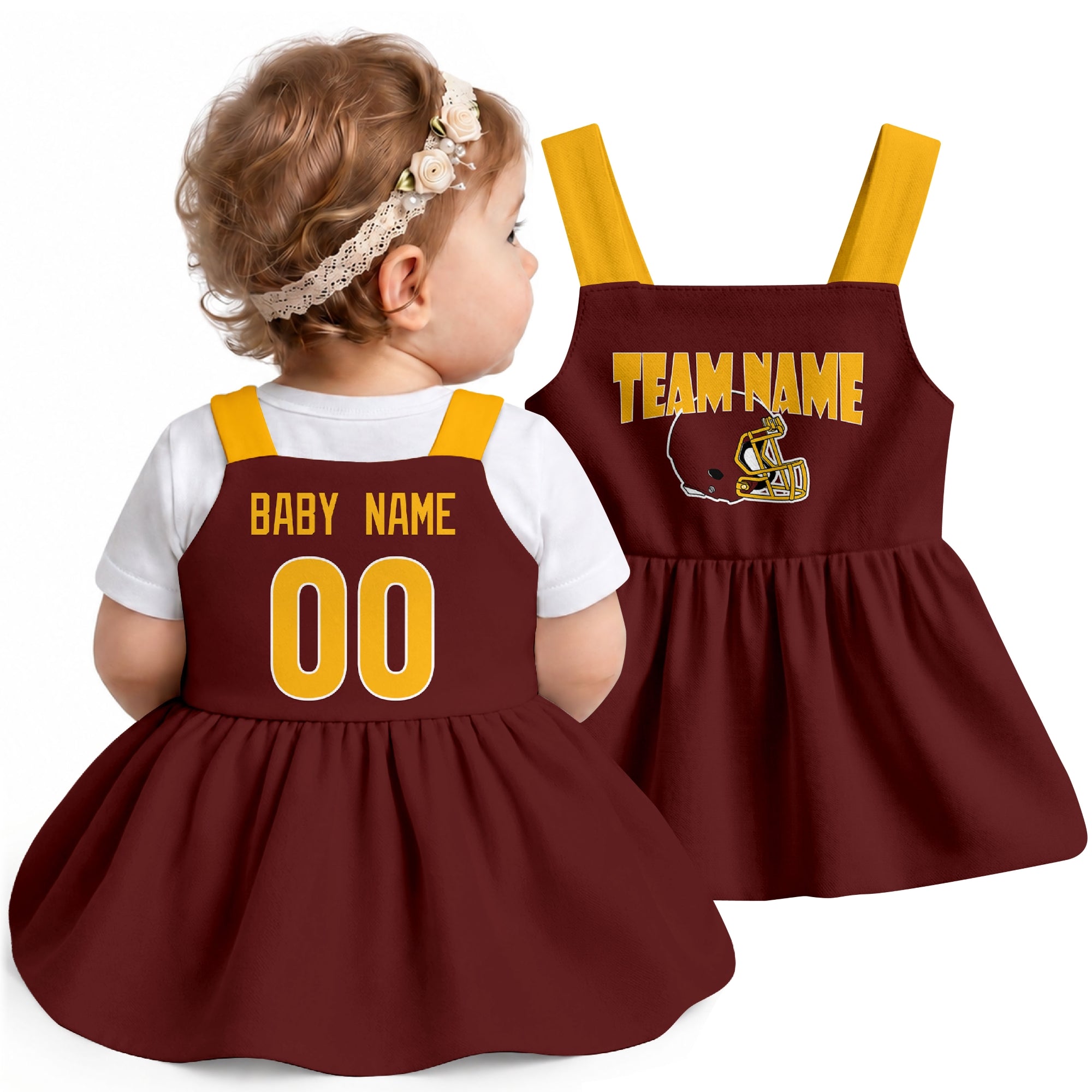 Personalized Washington football baby suspender dress shown on baby in Burgundy city-color style