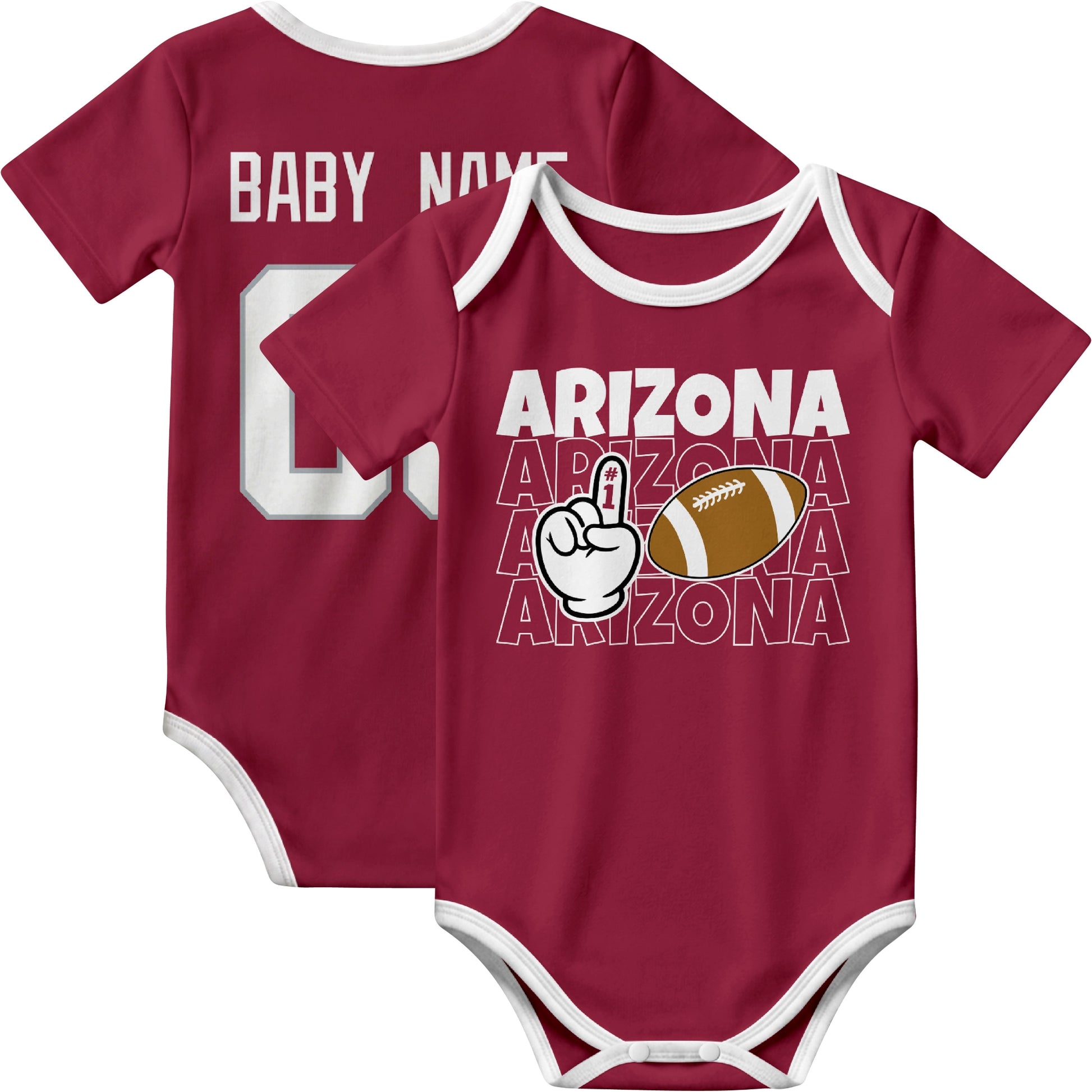 Arizona personalized football baby bodysuit in Red showing front number one fan design and back custom baby name and number