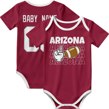 Arizona personalized football baby bodysuit in Red showing front number one fan design and back custom baby name and number