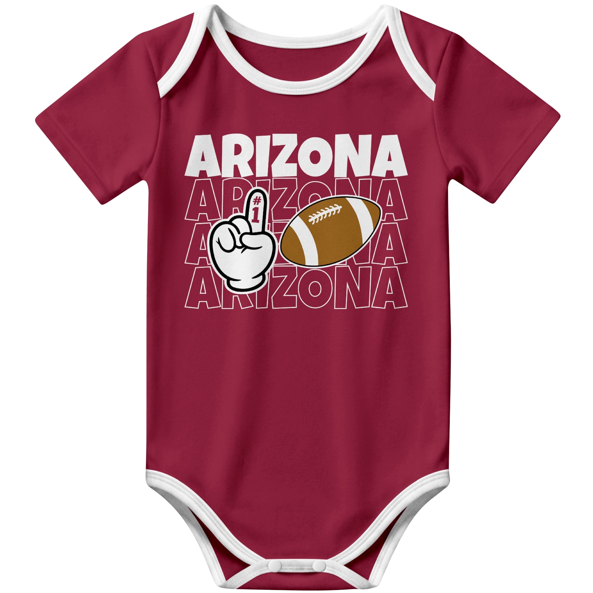 Arizona Red football baby bodysuit front view with city lettering football and number one fan hand graphic