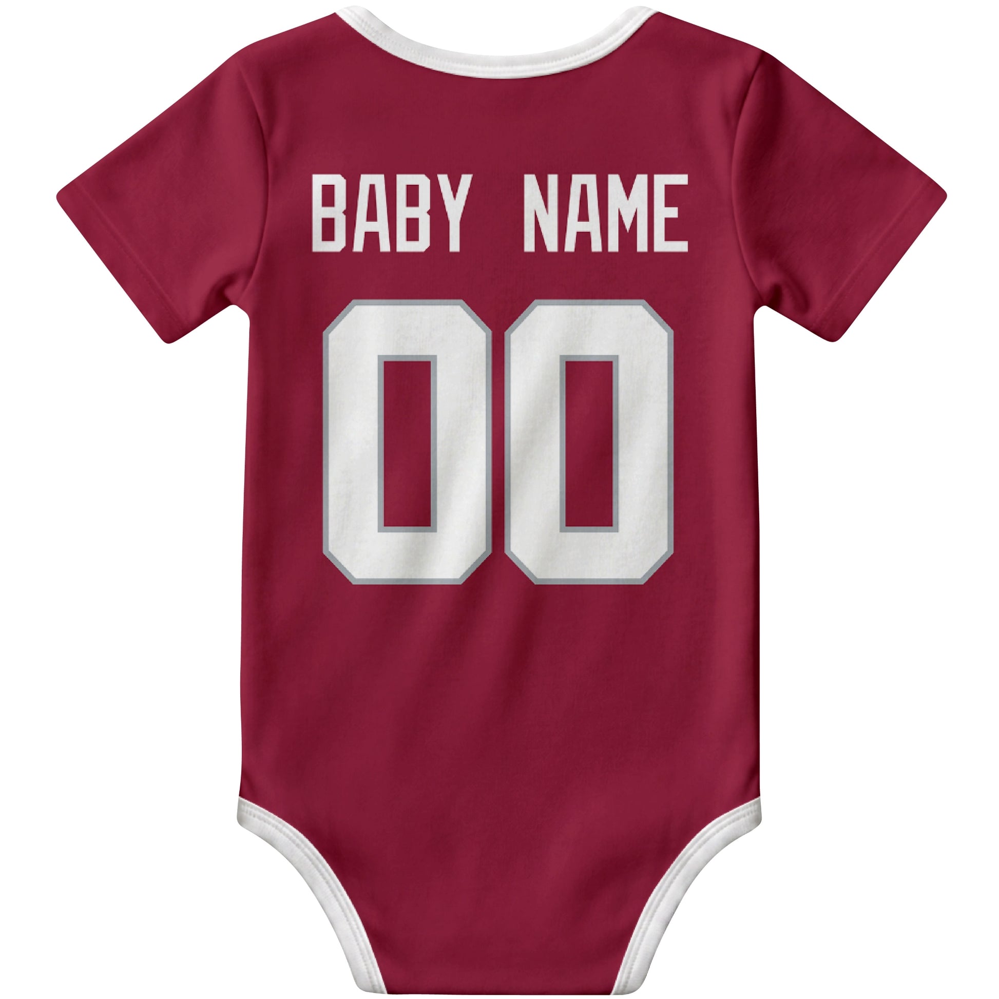 Arizona Red personalized football baby bodysuit back view with custom baby name and jersey number