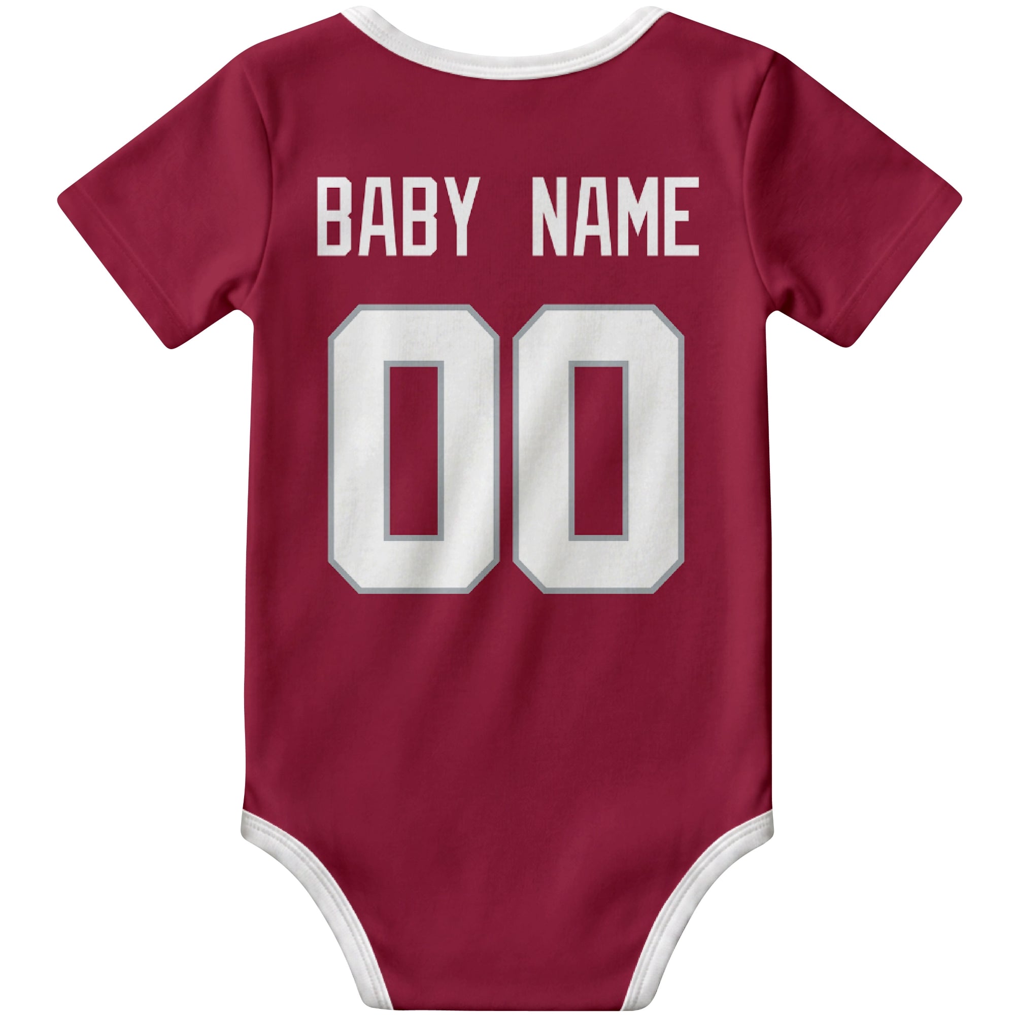 Arizona Red personalized football baby bodysuit back view with custom baby name and jersey number