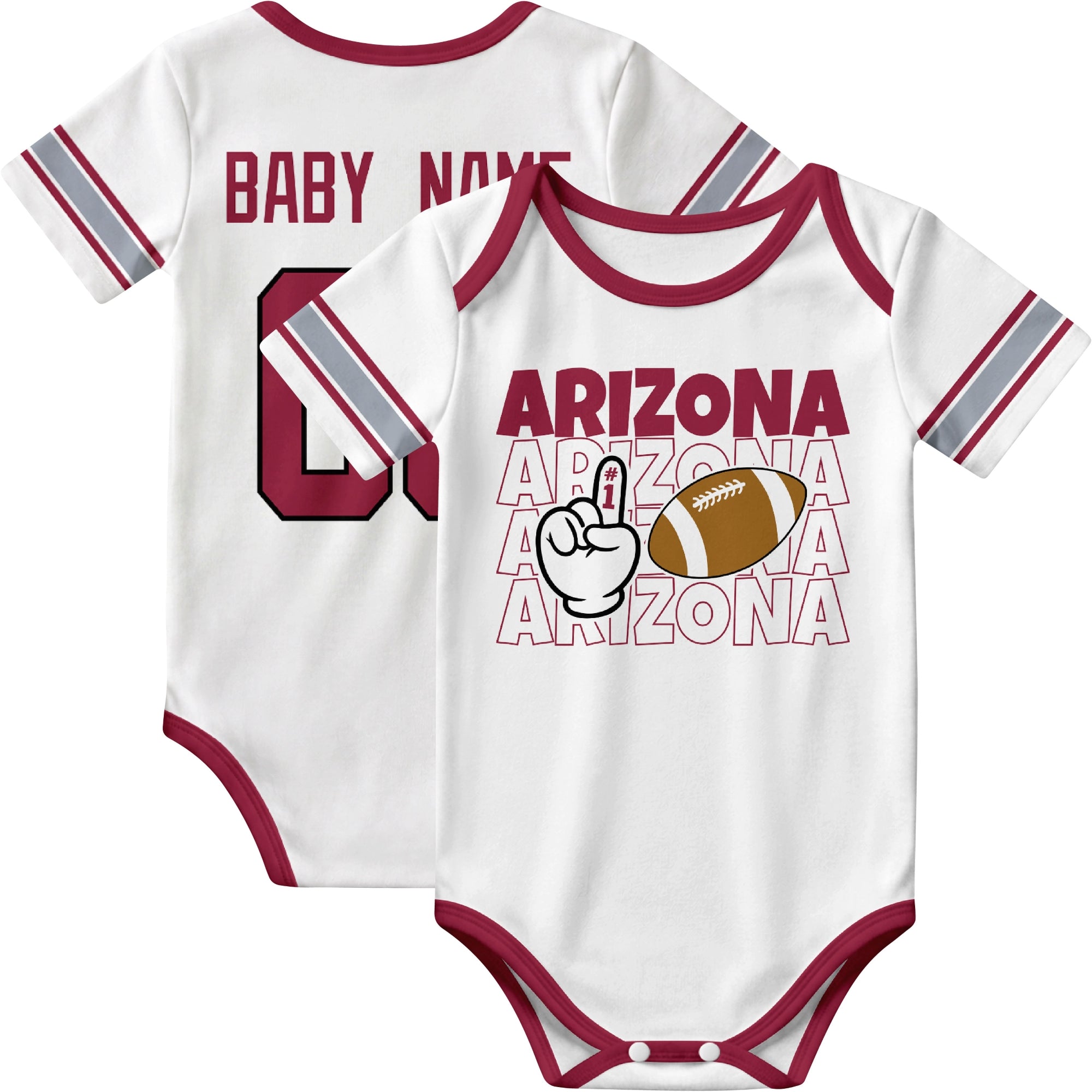 Arizona personalized football baby bodysuit in White showing front number one fan design and back custom baby name and number