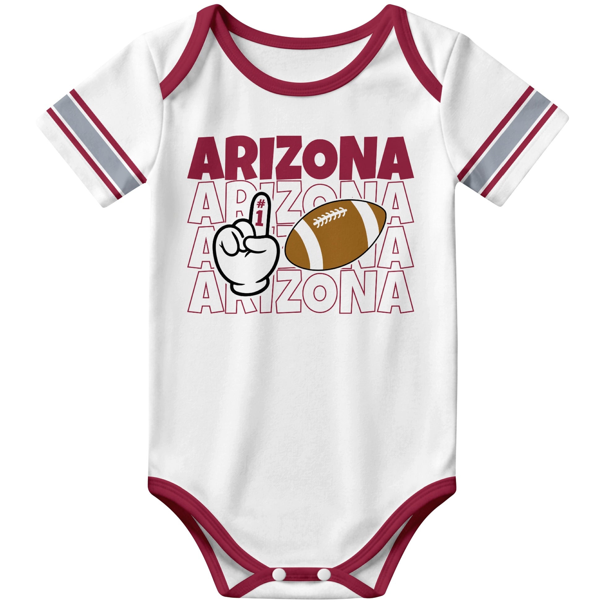 Arizona White football baby bodysuit front view with city lettering football and number one fan hand graphic