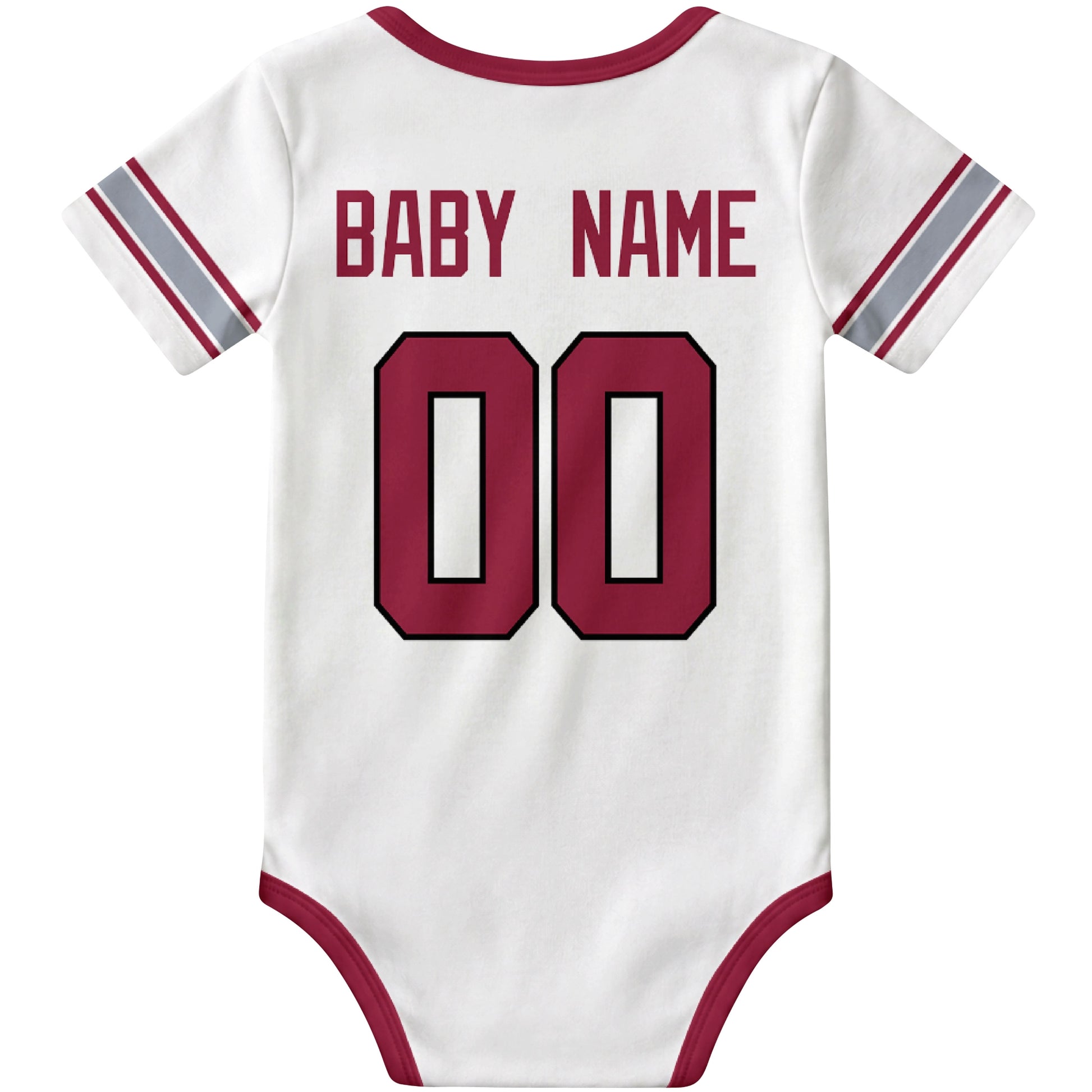 Arizona White personalized football baby bodysuit back view with custom baby name and jersey number