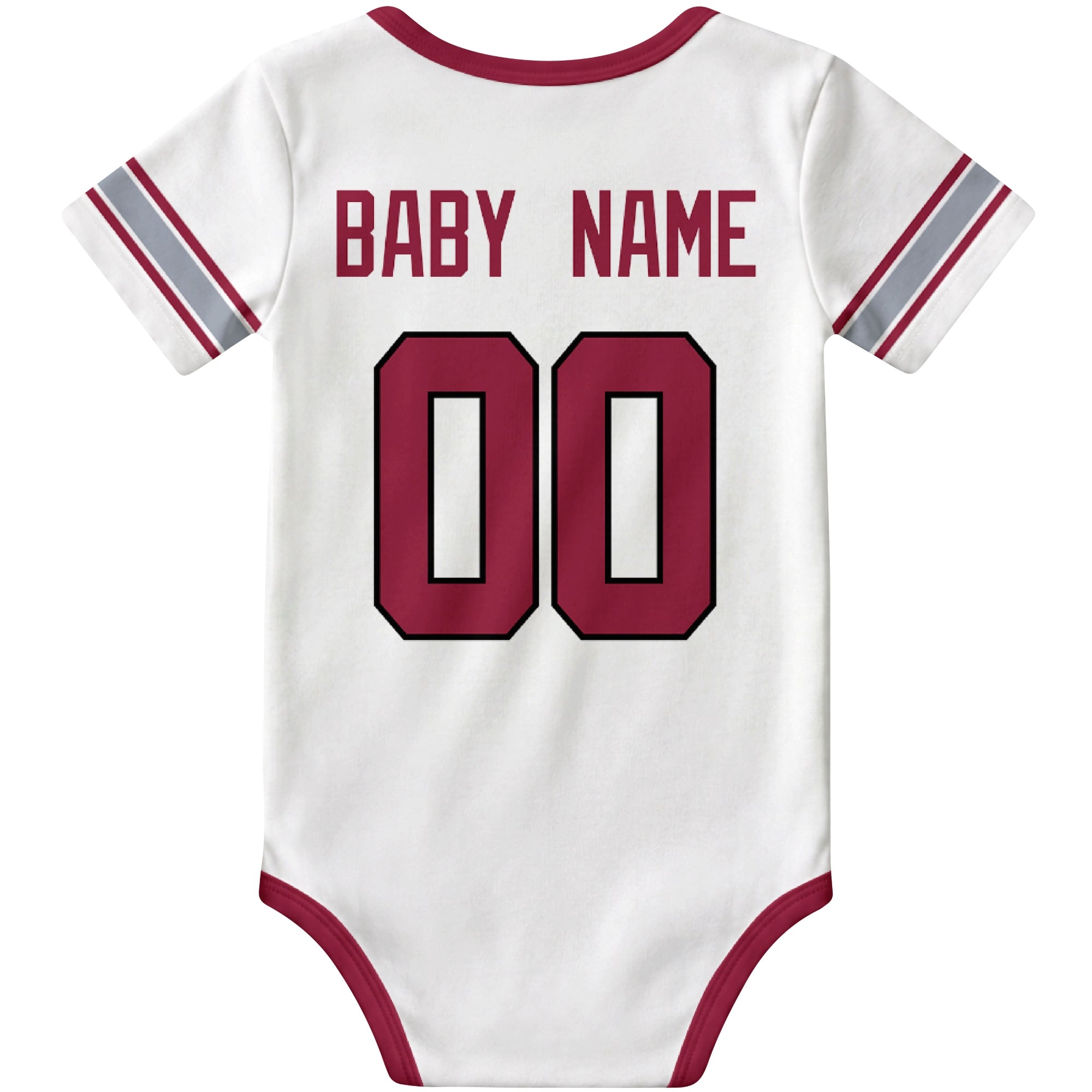 Arizona White personalized football baby bodysuit back view with custom baby name and jersey number