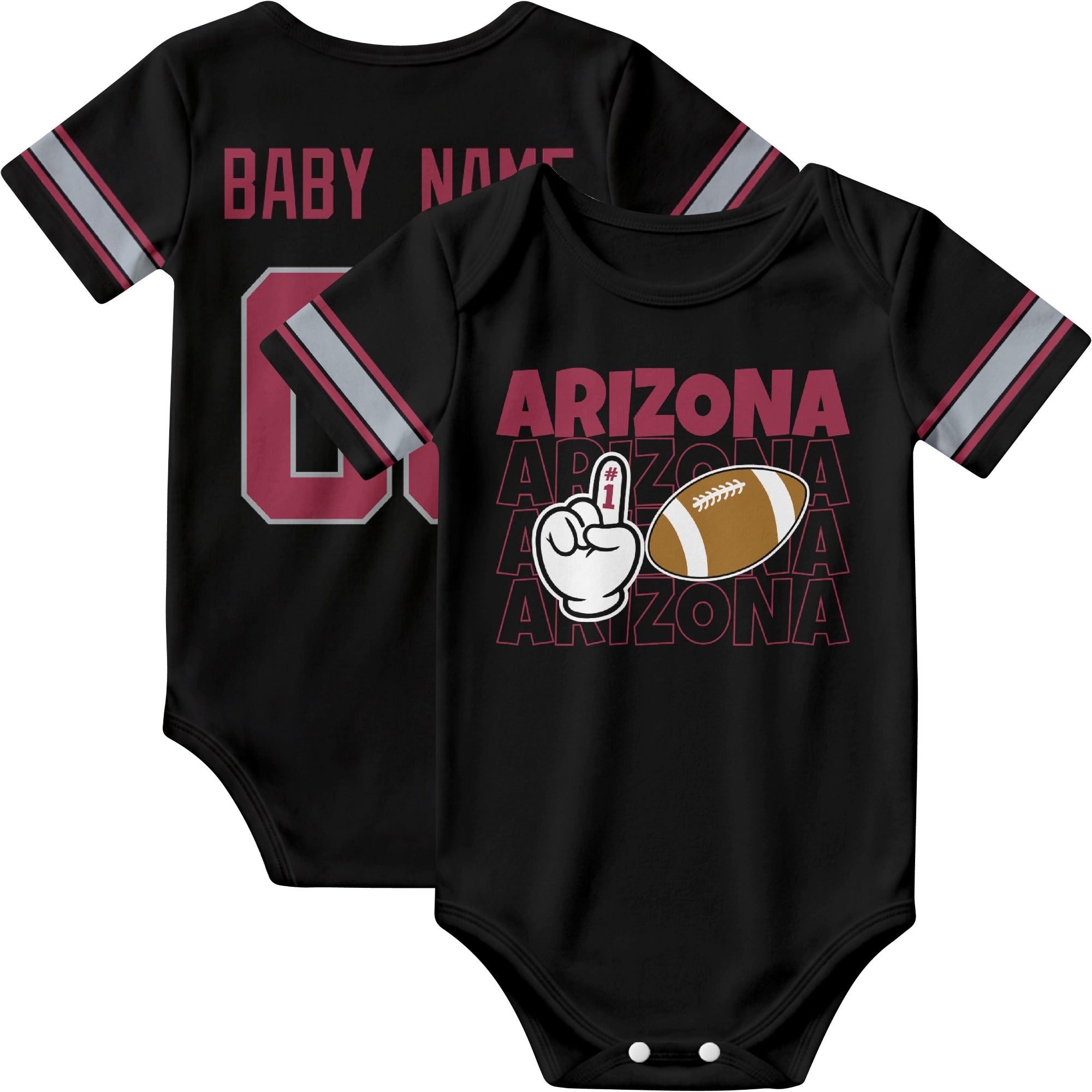 Arizona personalized football baby bodysuit in Black showing front number one fan design and back custom baby name and number