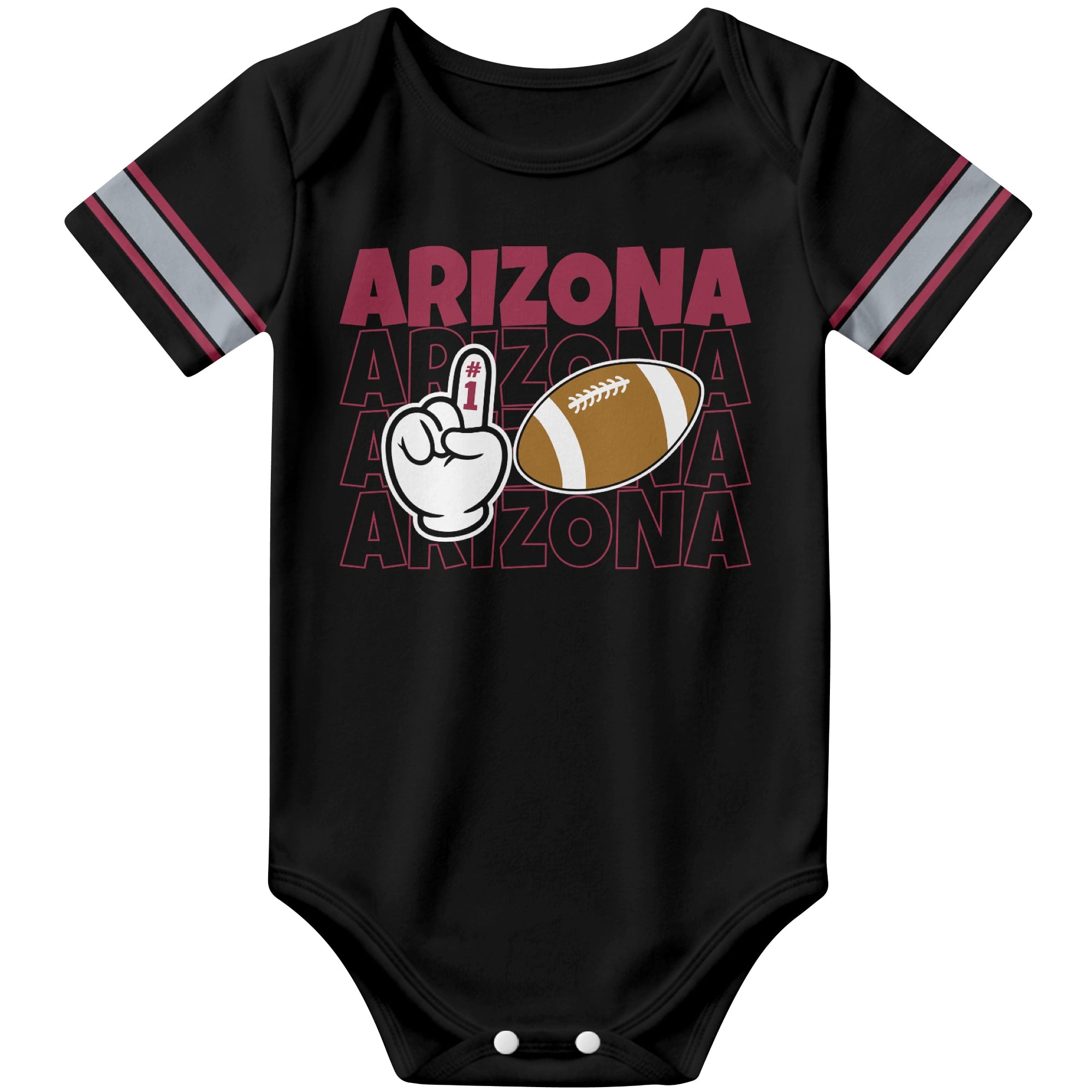 Arizona Black football baby bodysuit front view with city lettering football and number one fan hand graphic