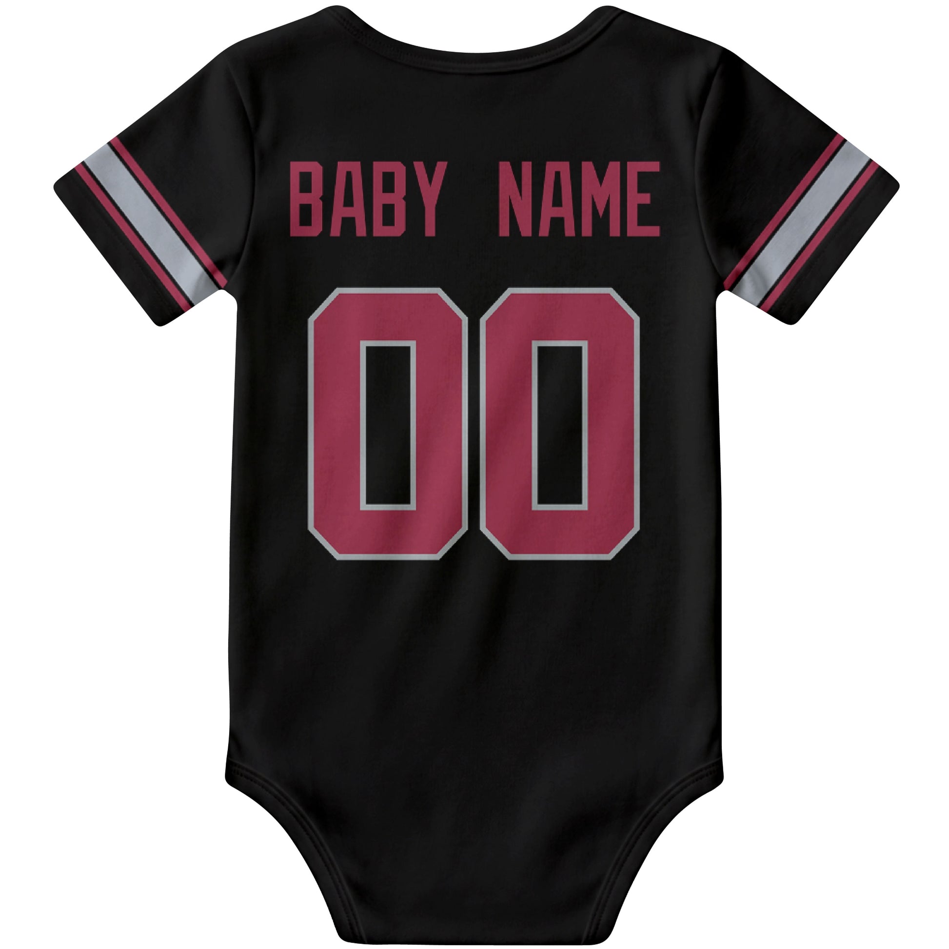 Arizona Black personalized football baby bodysuit back view with custom baby name and jersey number