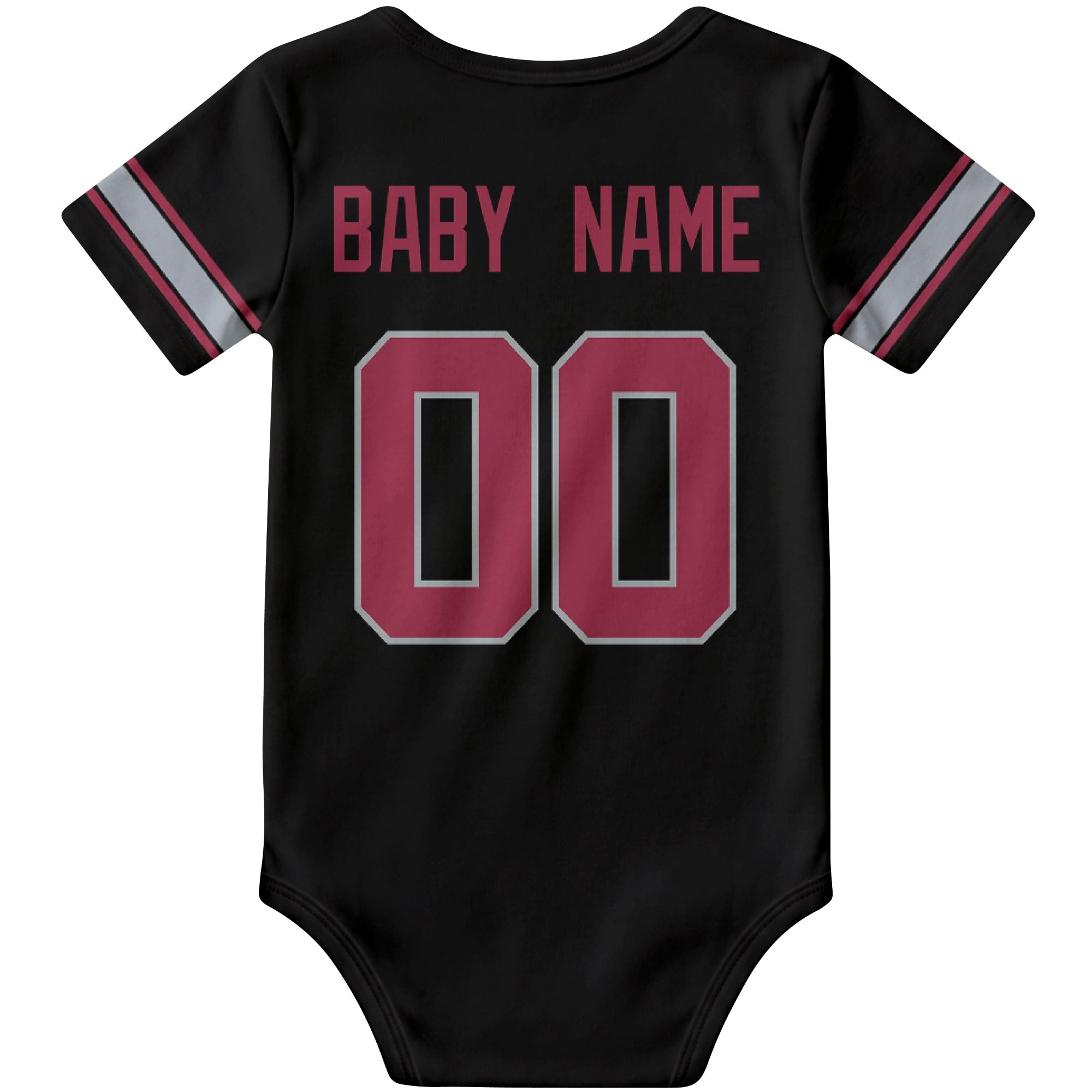Arizona Black personalized football baby bodysuit back view with custom baby name and jersey number