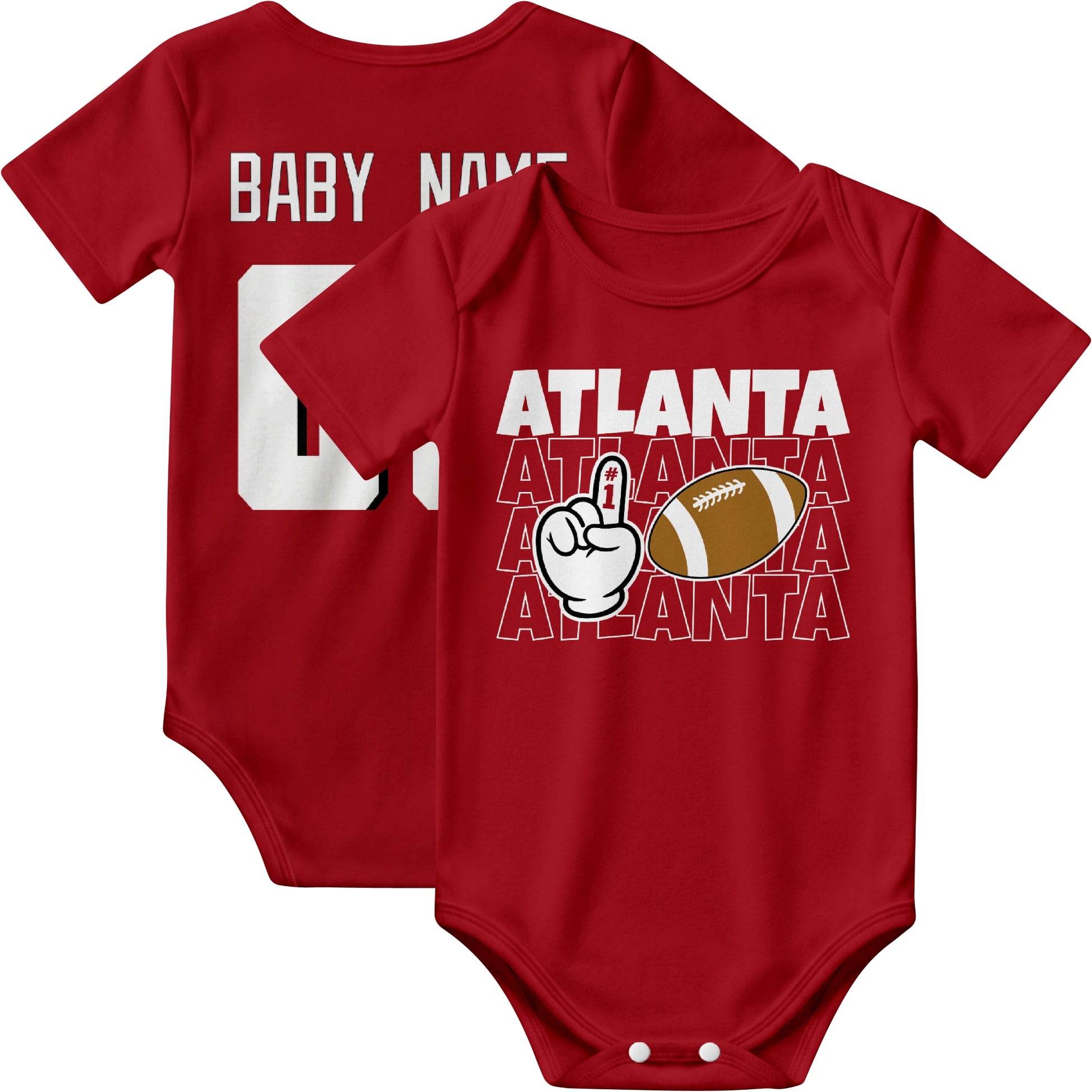 Atlanta personalized football baby bodysuit in Red showing front number one fan design and back custom baby name and number