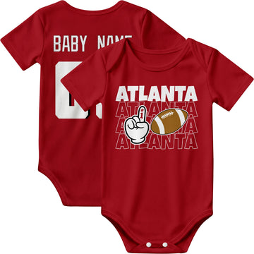 Atlanta personalized football baby bodysuit in Red showing front number one fan design and back custom baby name and number