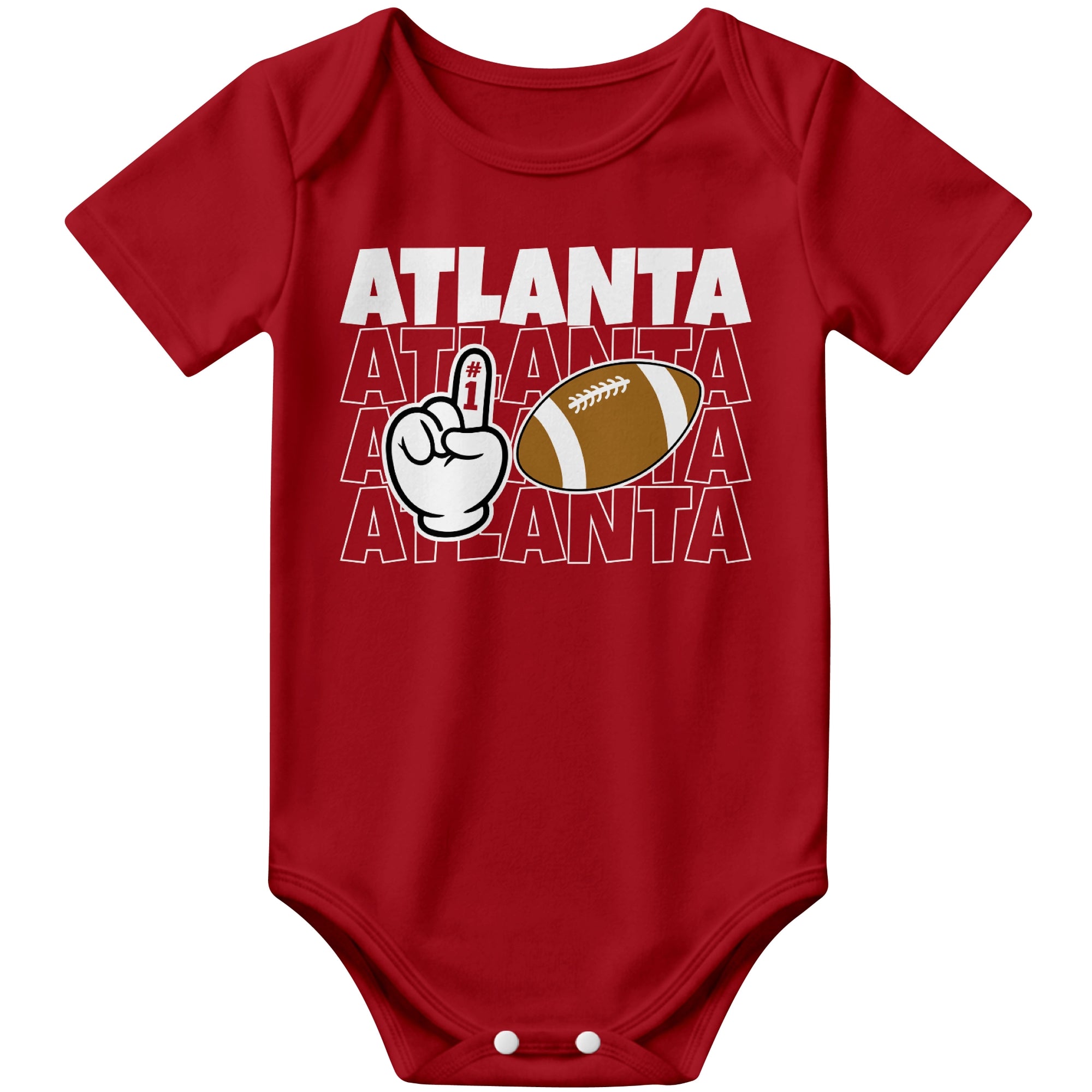 Atlanta Red football baby bodysuit front view with city lettering football and number one fan hand graphic