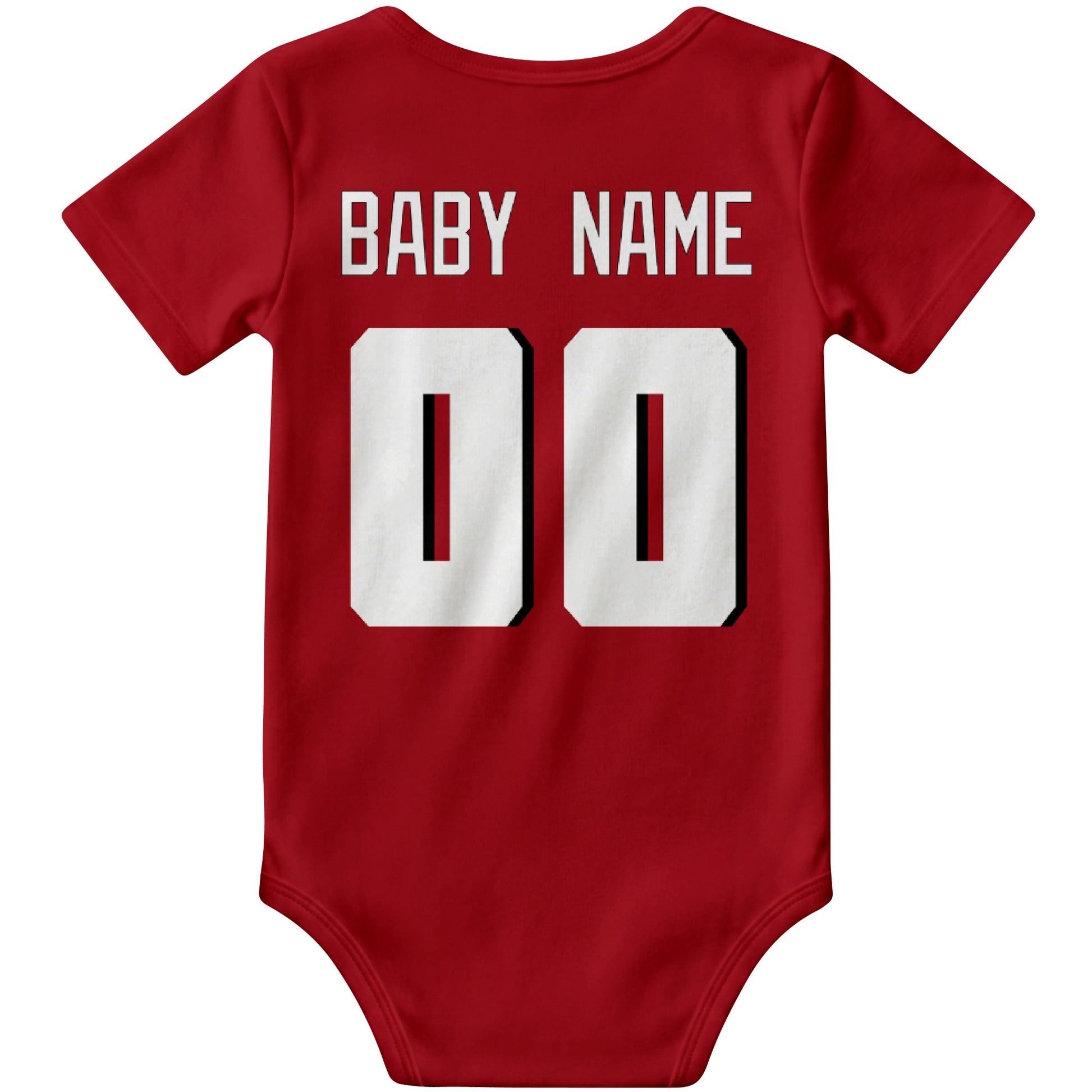 Atlanta Red personalized football baby bodysuit back view with custom baby name and jersey number