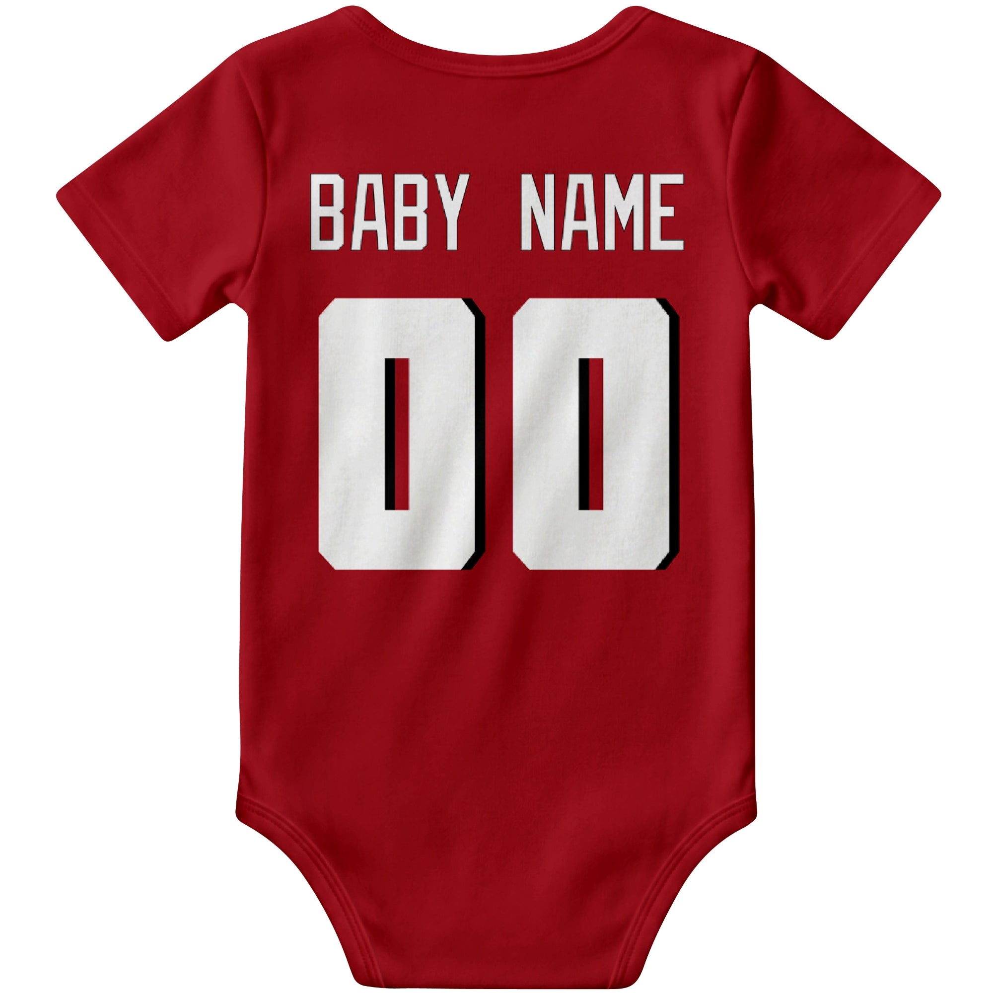 Atlanta Red personalized football baby bodysuit back view with custom baby name and jersey number