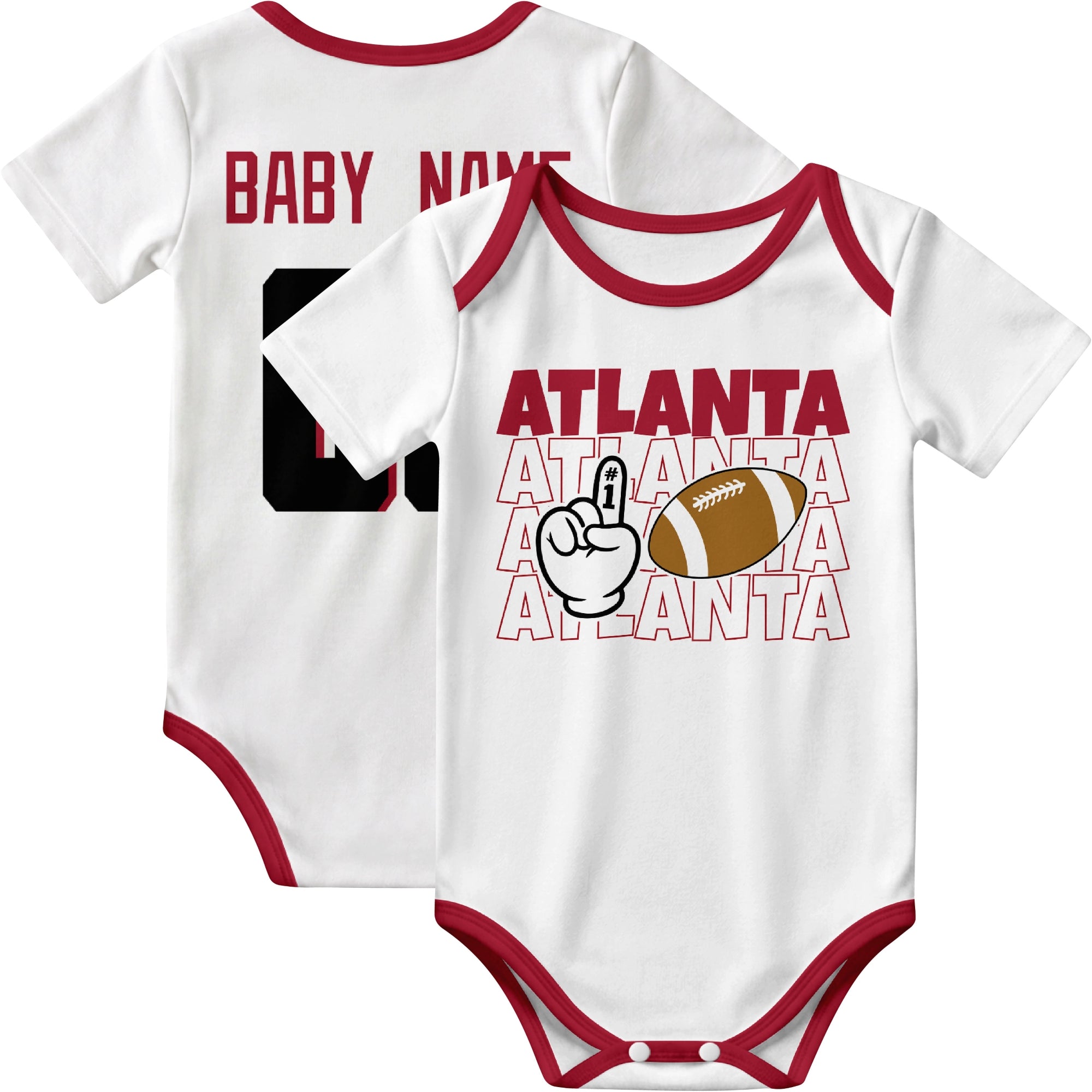 Atlanta personalized football baby bodysuit in White showing front number one fan design and back custom baby name and number