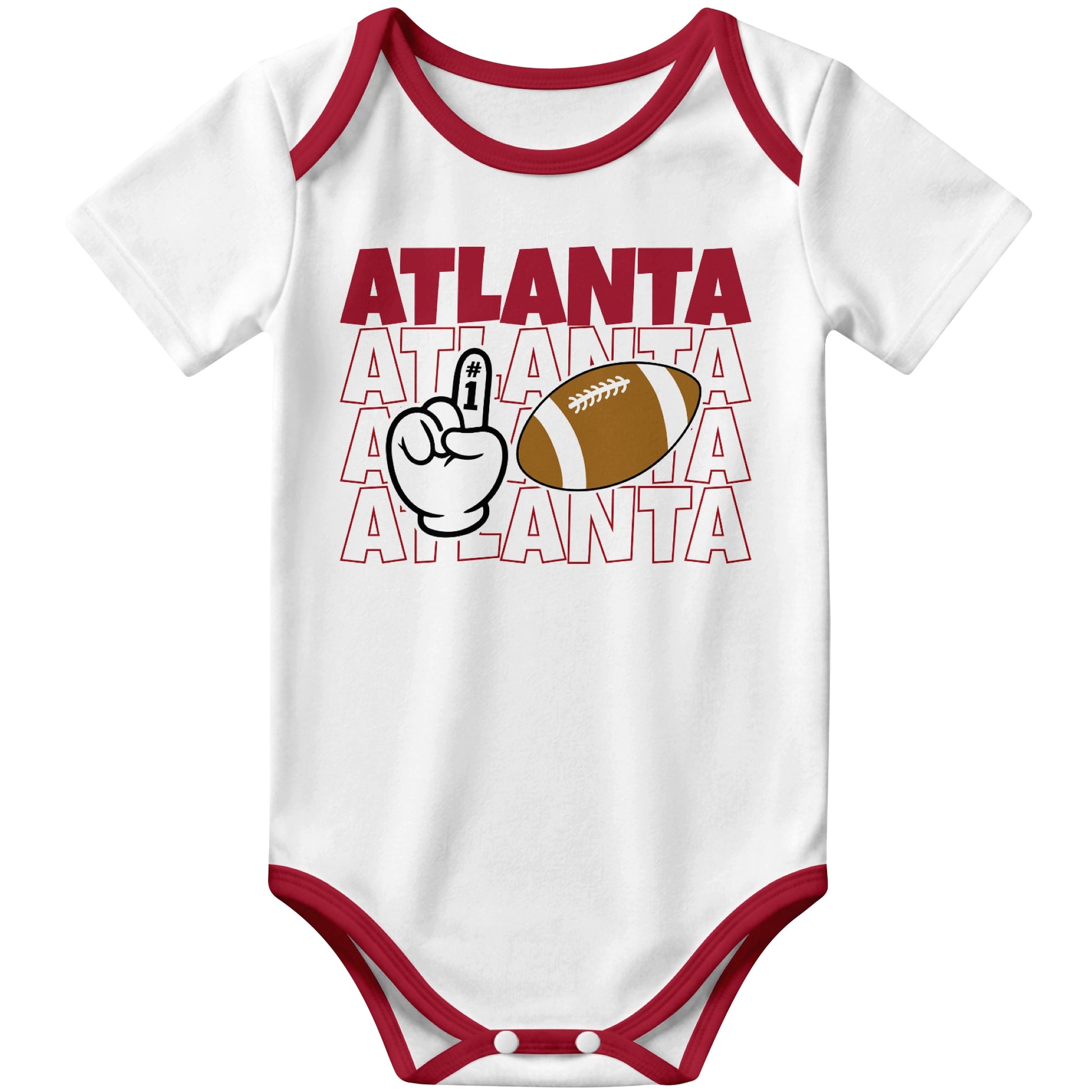 Atlanta White football baby bodysuit front view with city lettering football and number one fan hand graphic