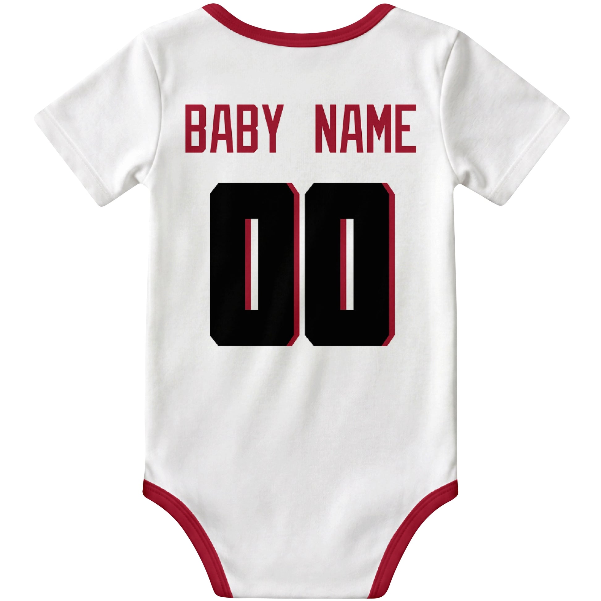 Atlanta White personalized football baby bodysuit back view with custom baby name and jersey number