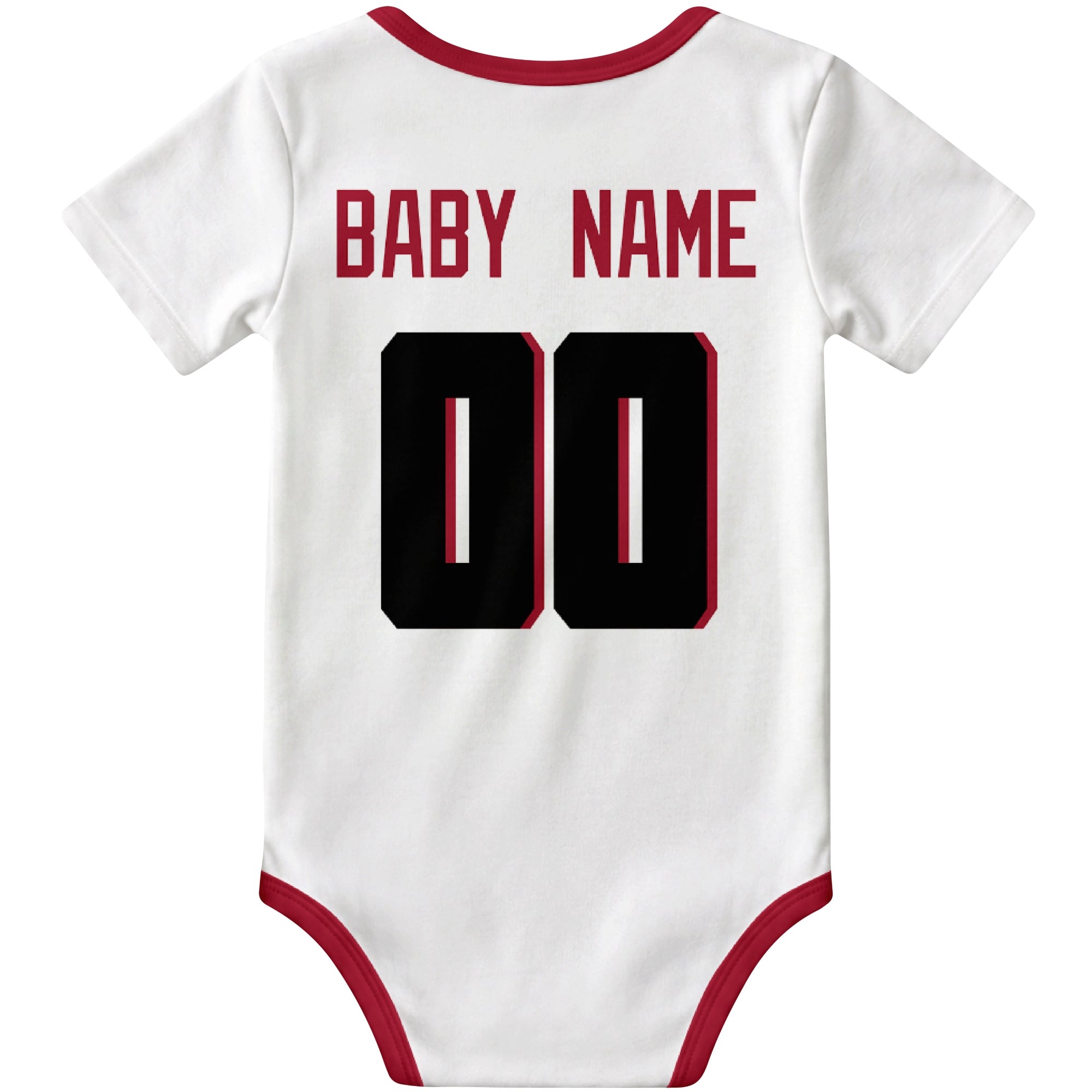 Atlanta White personalized football baby bodysuit back view with custom baby name and jersey number