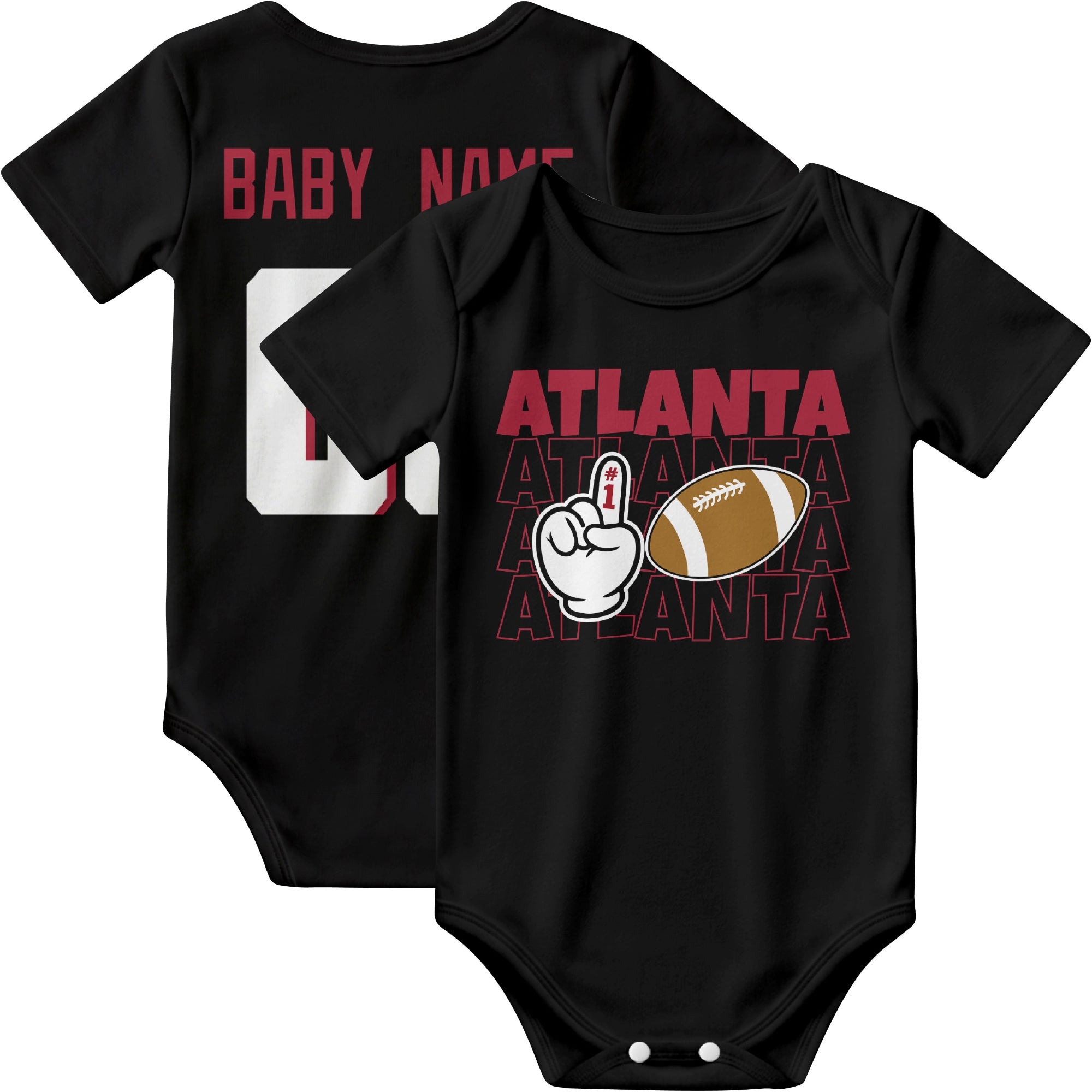 Atlanta personalized football baby bodysuit in Black showing front number one fan design and back custom baby name and number