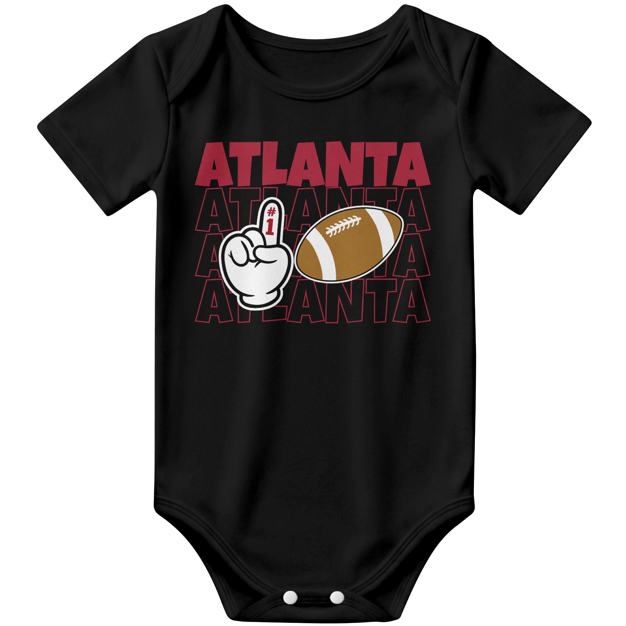 Atlanta Black football baby bodysuit front view with city lettering football and number one fan hand graphic