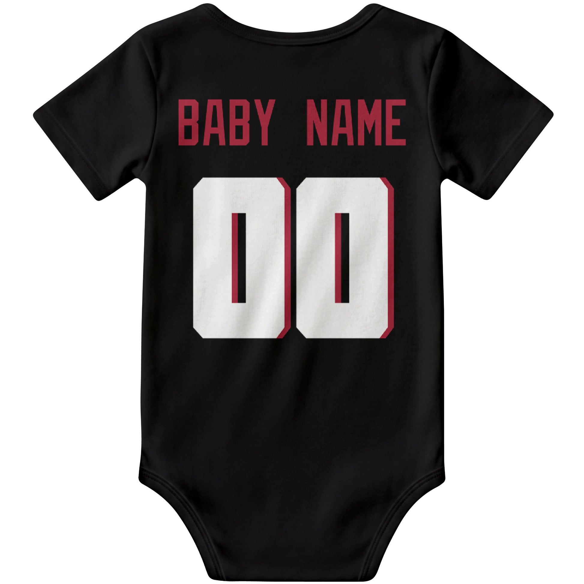 Atlanta Black personalized football baby bodysuit back view with custom baby name and jersey number