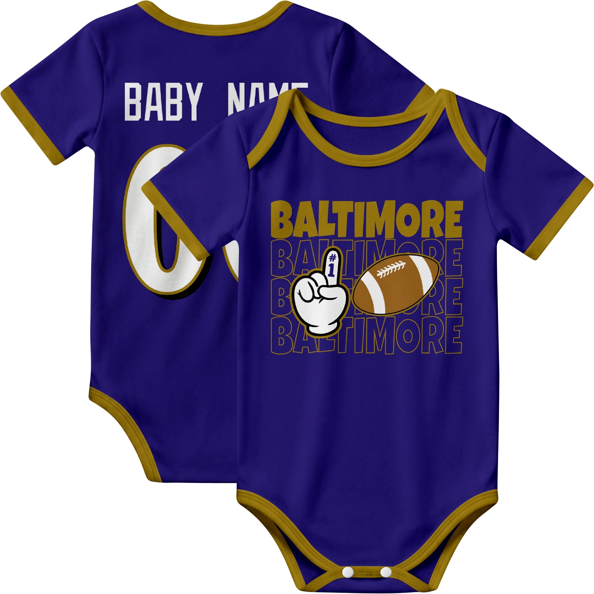 Baltimore personalized football baby bodysuit in Purple showing front number one fan design and back custom baby name and number