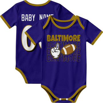 Baltimore personalized football baby bodysuit in Purple showing front number one fan design and back custom baby name and number