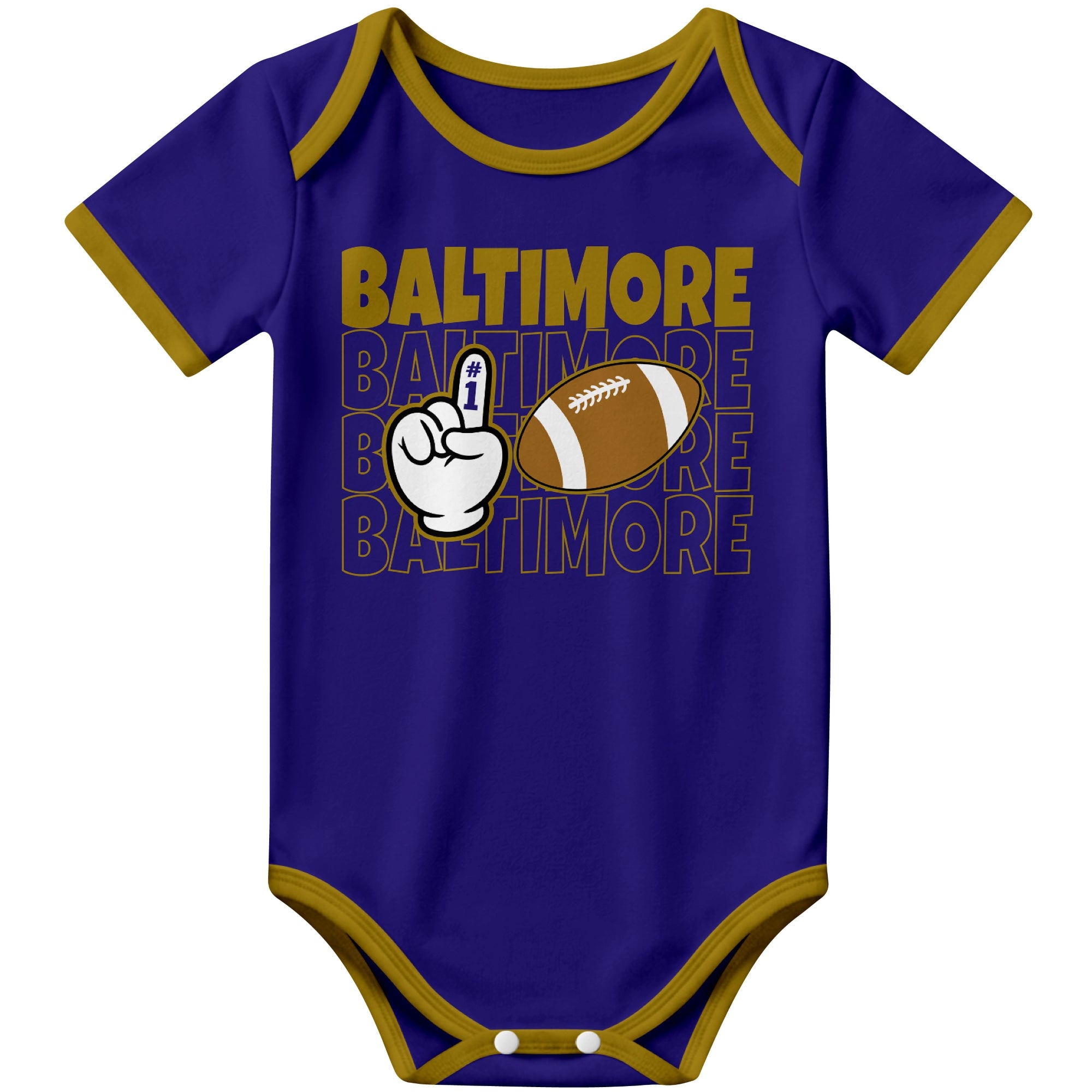 Baltimore Purple football baby bodysuit front view with city lettering football and number one fan hand graphic