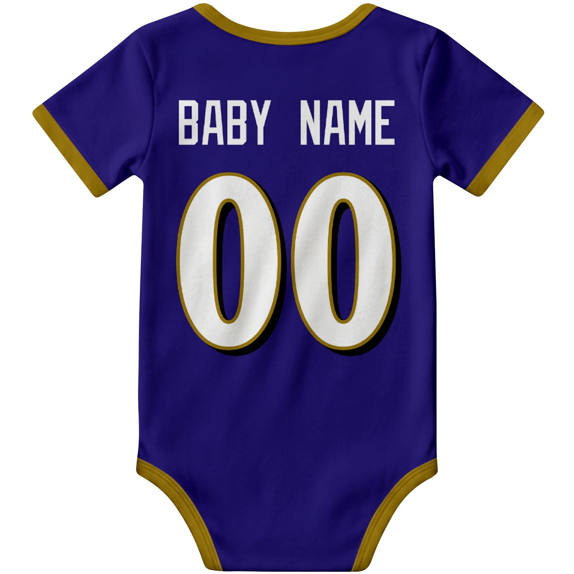 Baltimore Purple personalized football baby bodysuit back view with custom baby name and jersey number