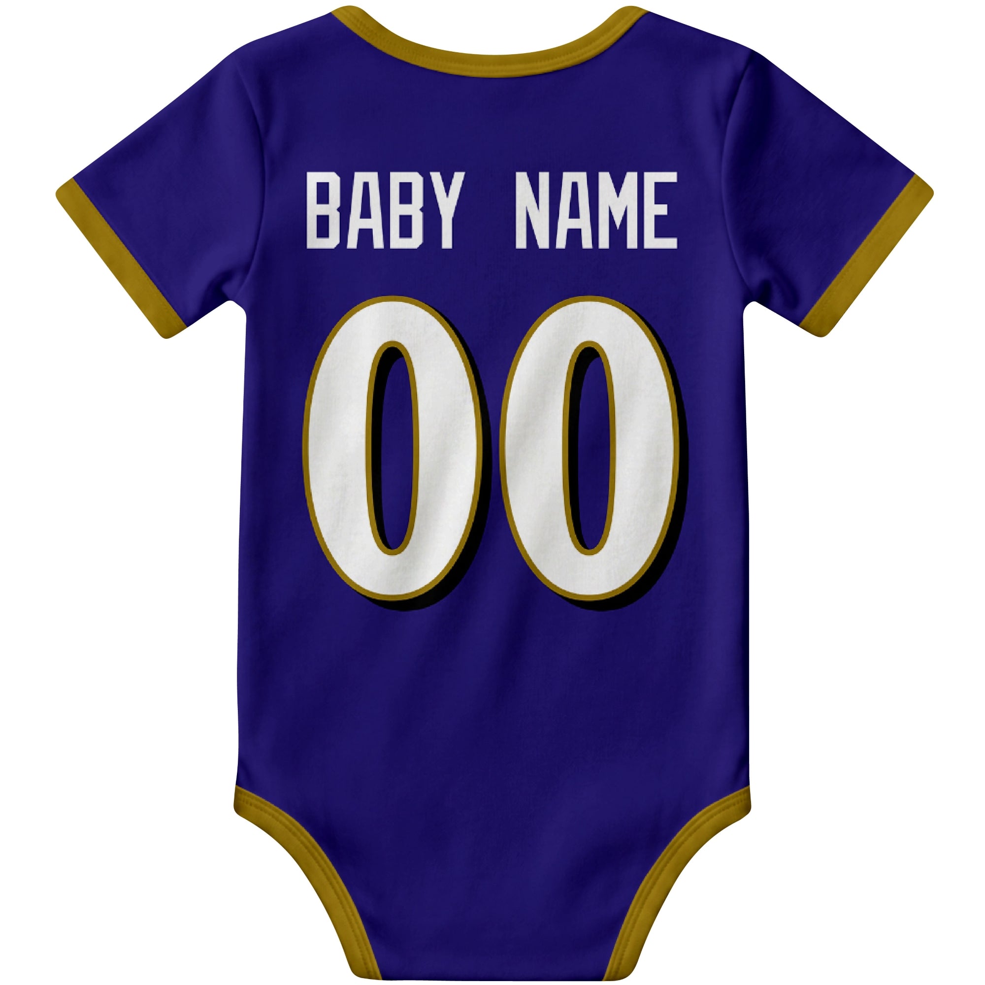 Baltimore Purple personalized football baby bodysuit back view with custom baby name and jersey number