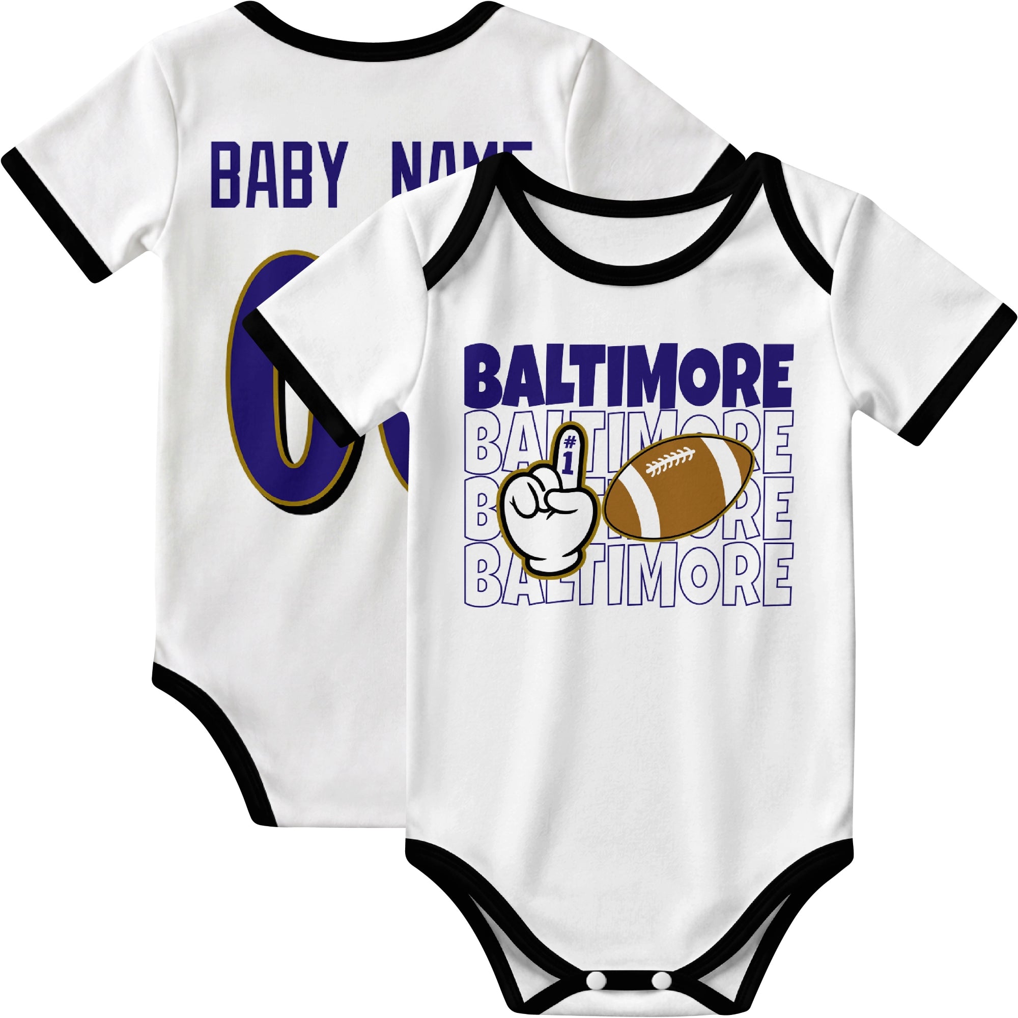 Baltimore personalized football baby bodysuit in White showing front number one fan design and back custom baby name and number
