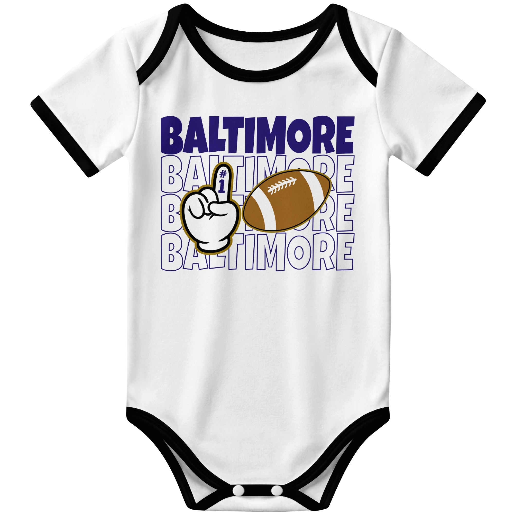 Baltimore White football baby bodysuit front view with city lettering football and number one fan hand graphic